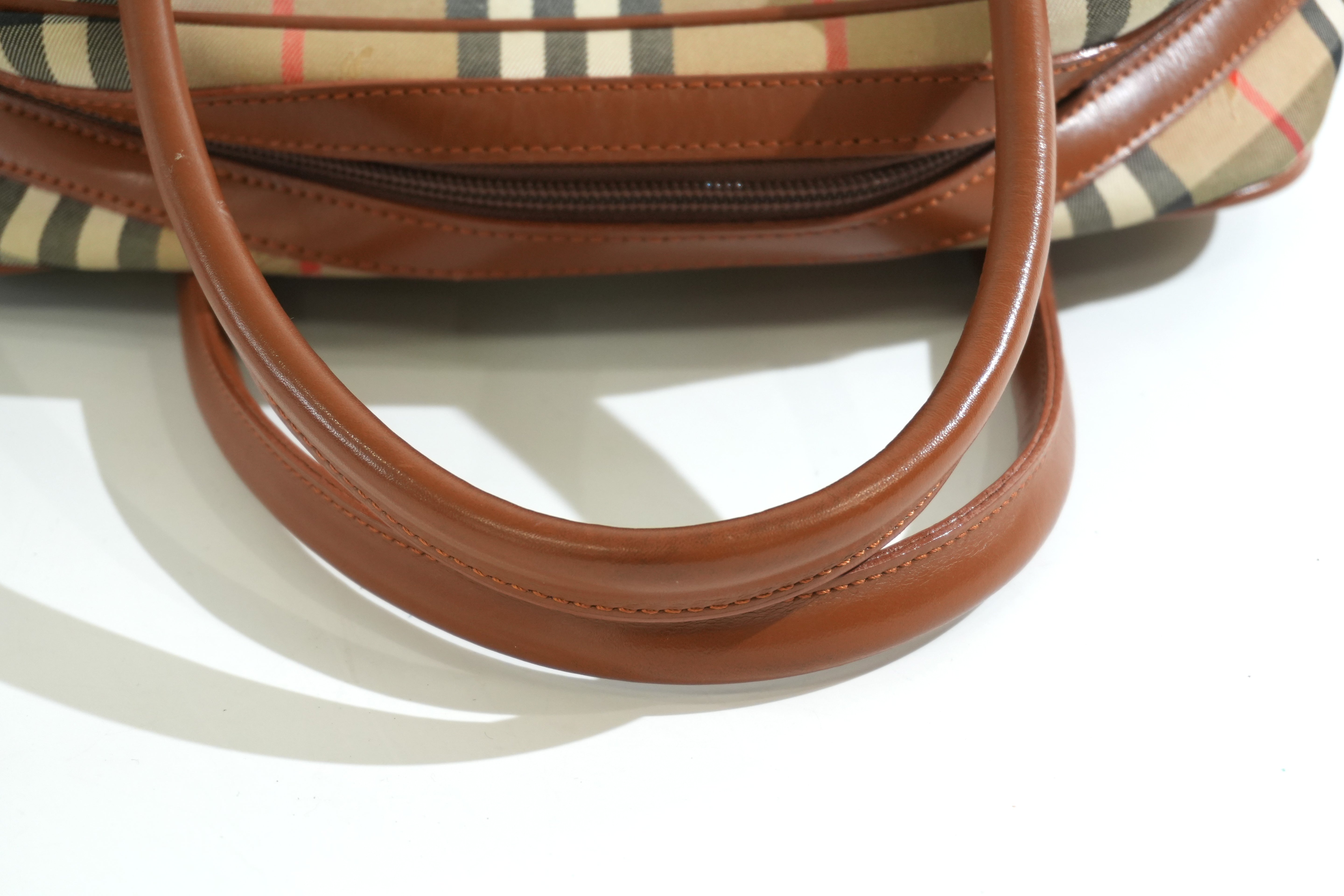 Pre-owned Burberry Haymarket Check Boston Handbag Brown