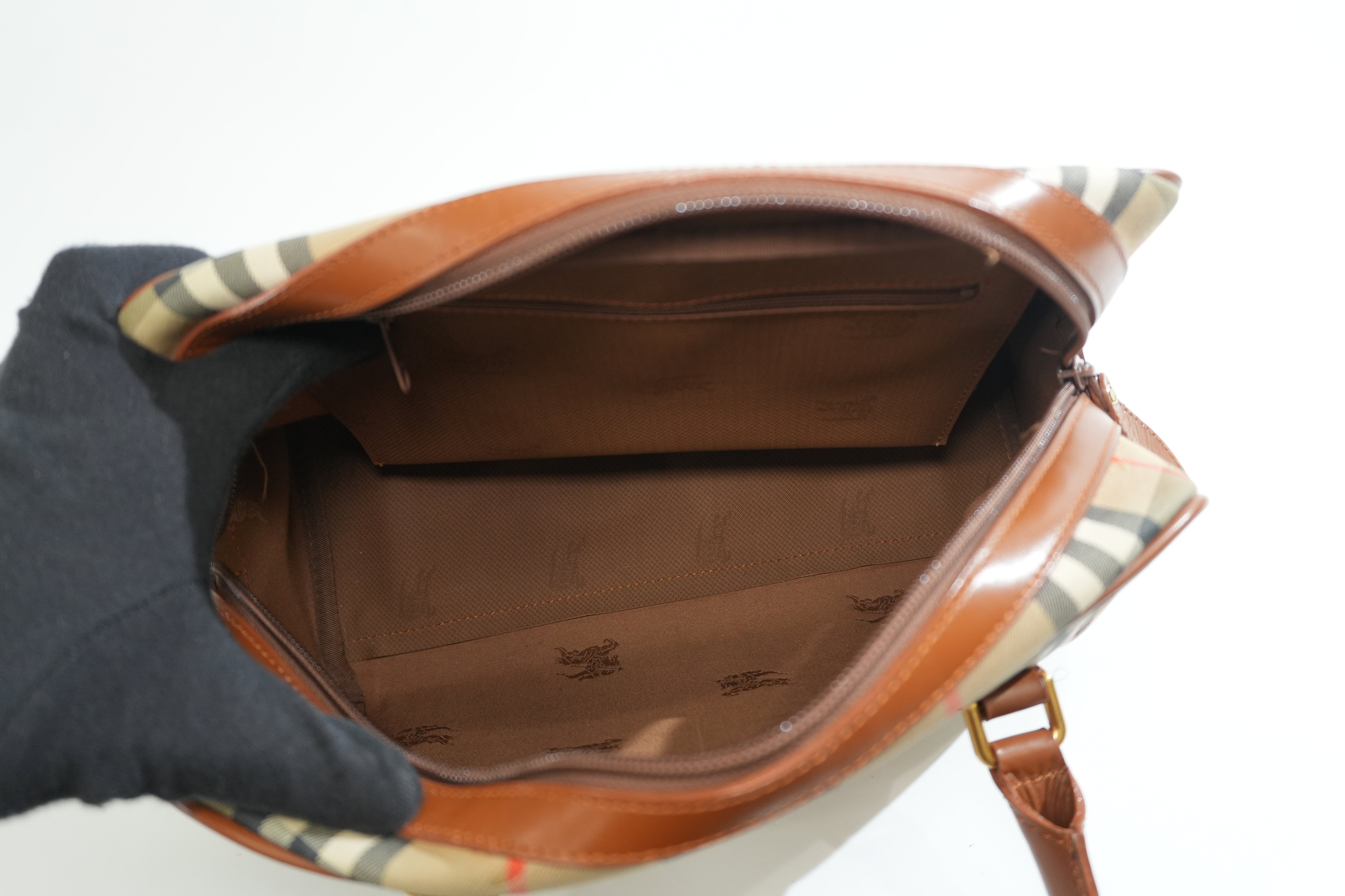 Pre-owned Burberry Haymarket Check Boston Handbag Brown