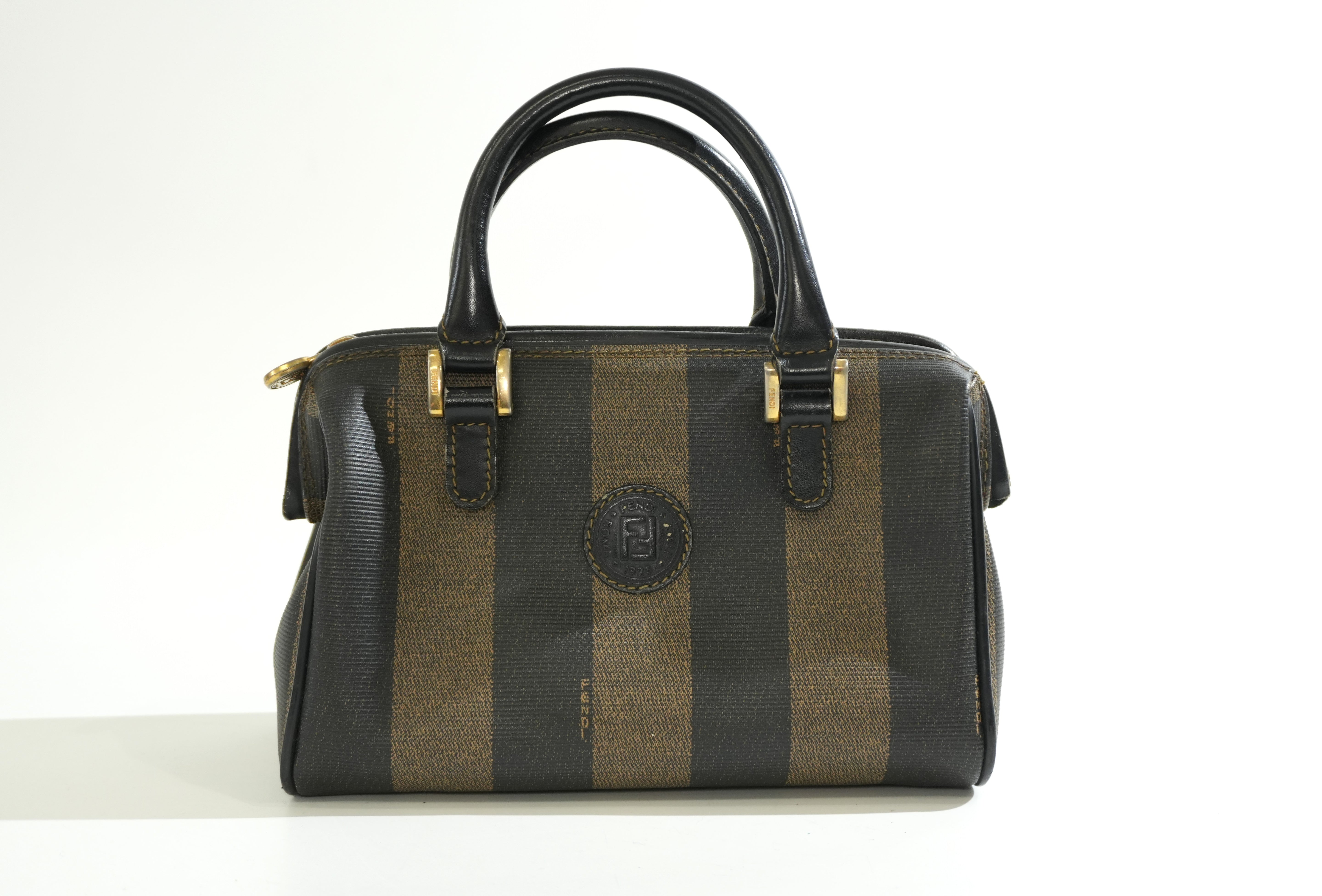 Pre-owned Fendi Pequin Mini Boston Handbag Brown