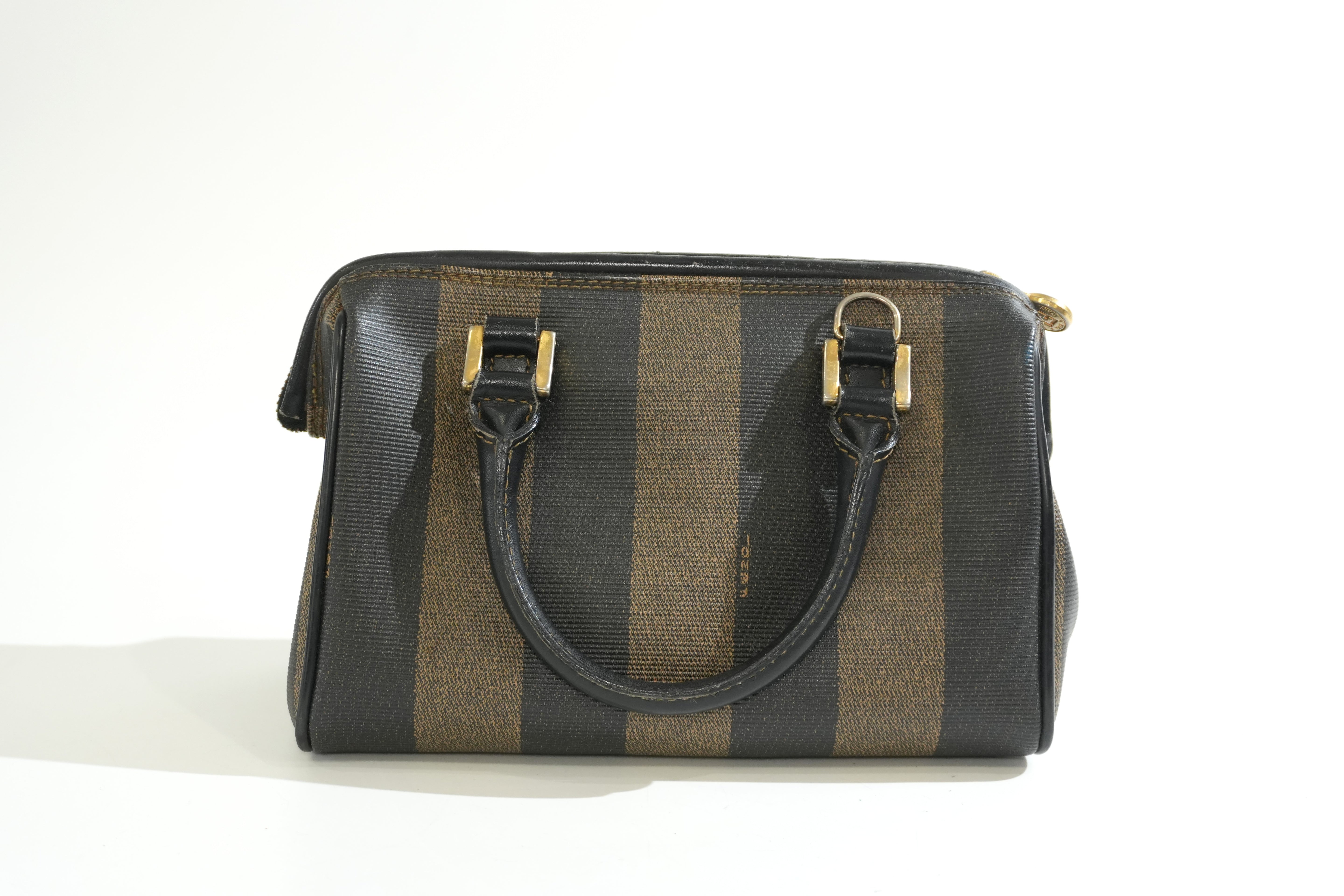 Pre-owned Fendi Pequin Mini Boston Handbag Brown
