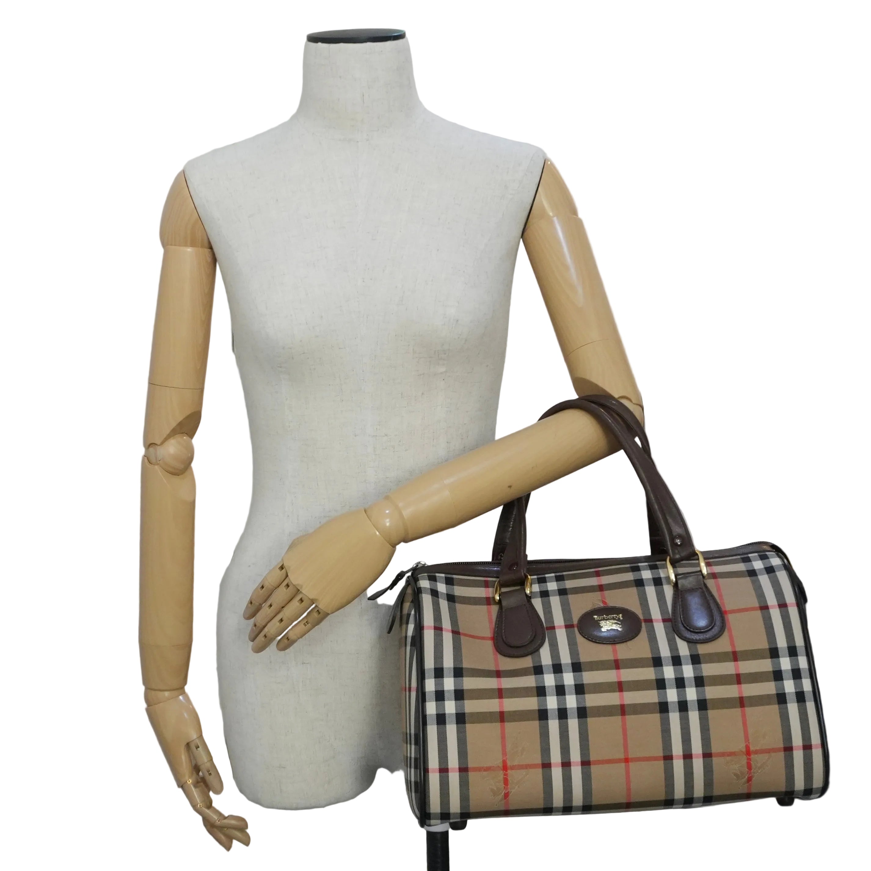 Pre-owned Burberry Haymarket Boston Handbag Brown