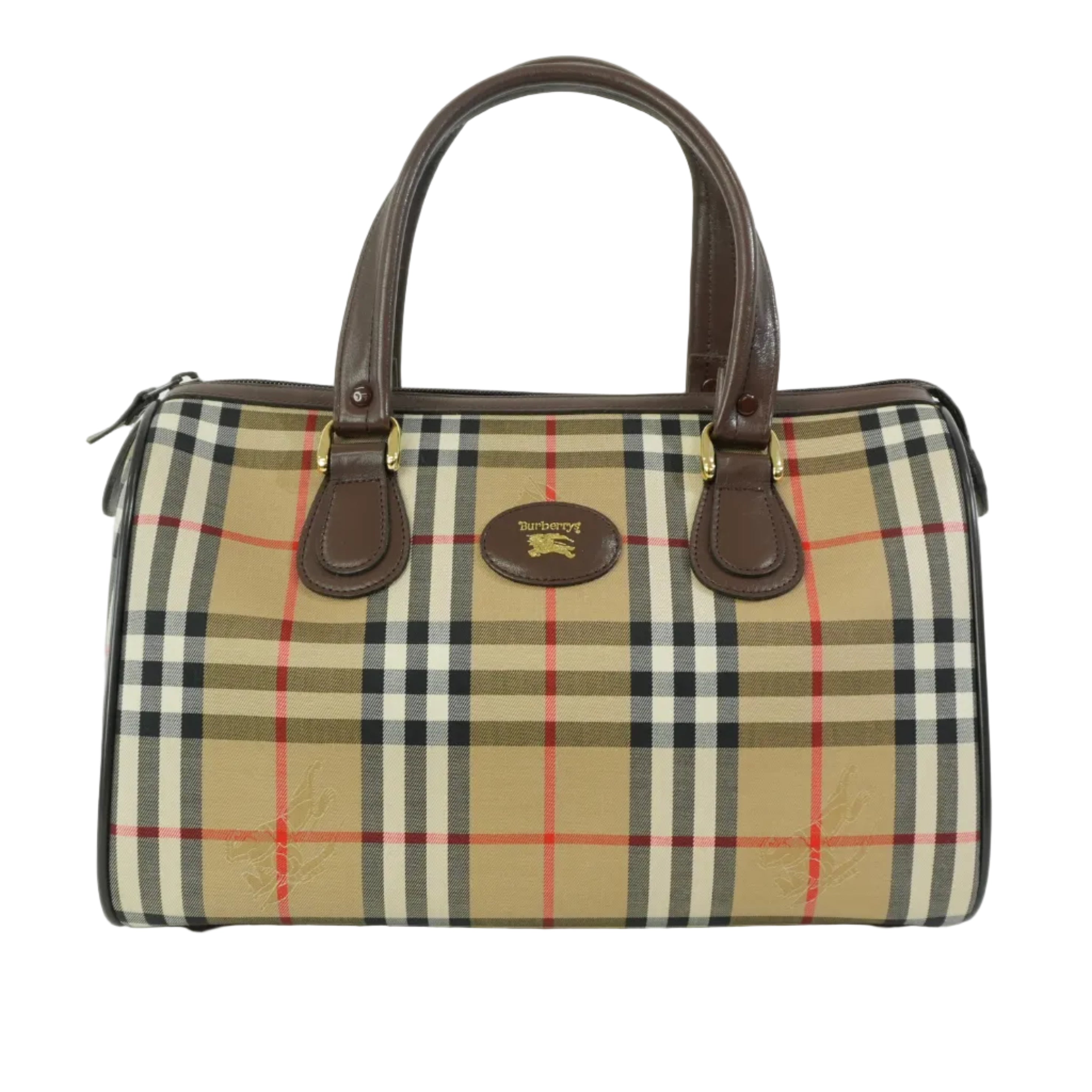 Pre-owned Burberry Haymarket Boston Handbag Brown
