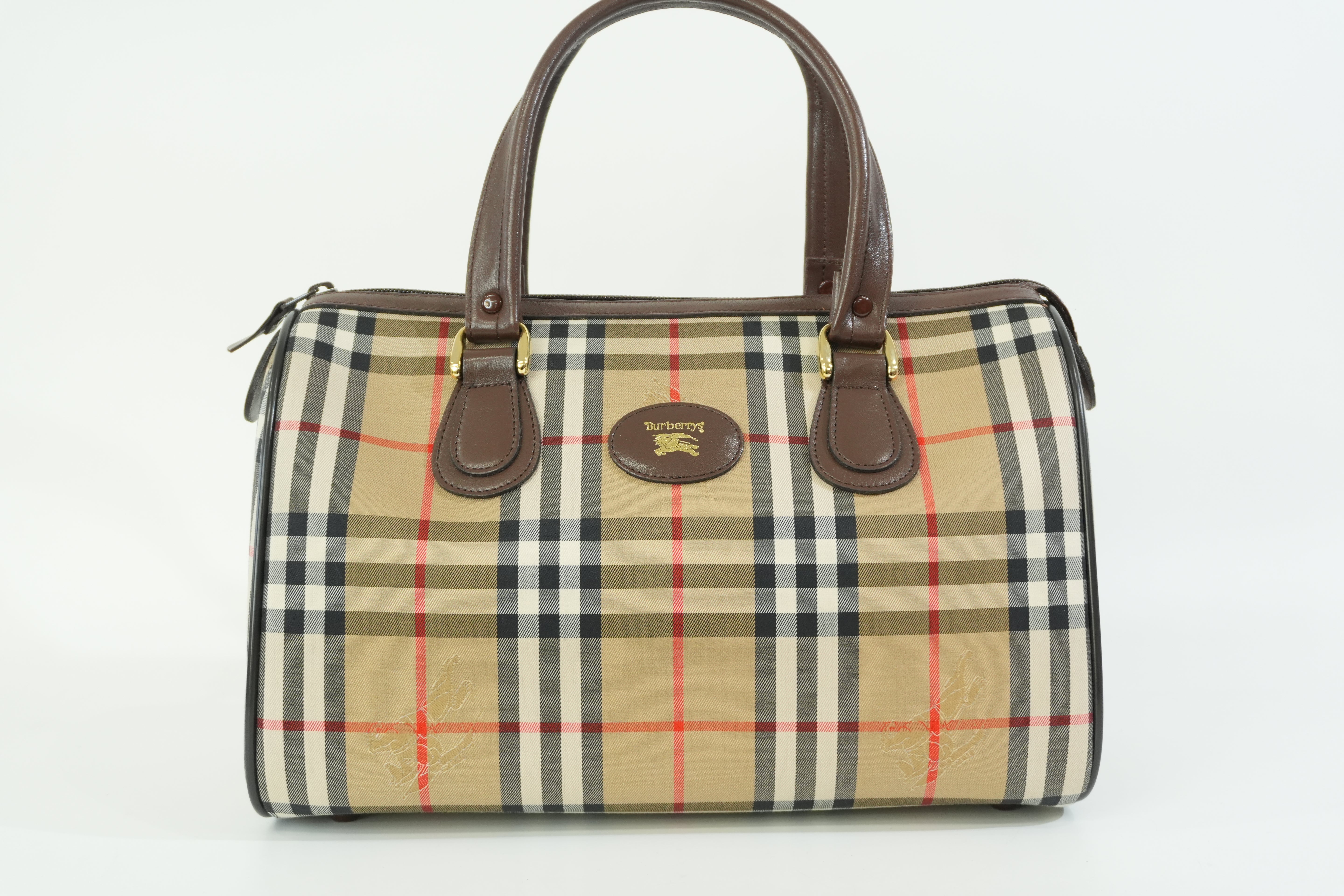Pre-owned Burberry Haymarket Boston Handbag Brown