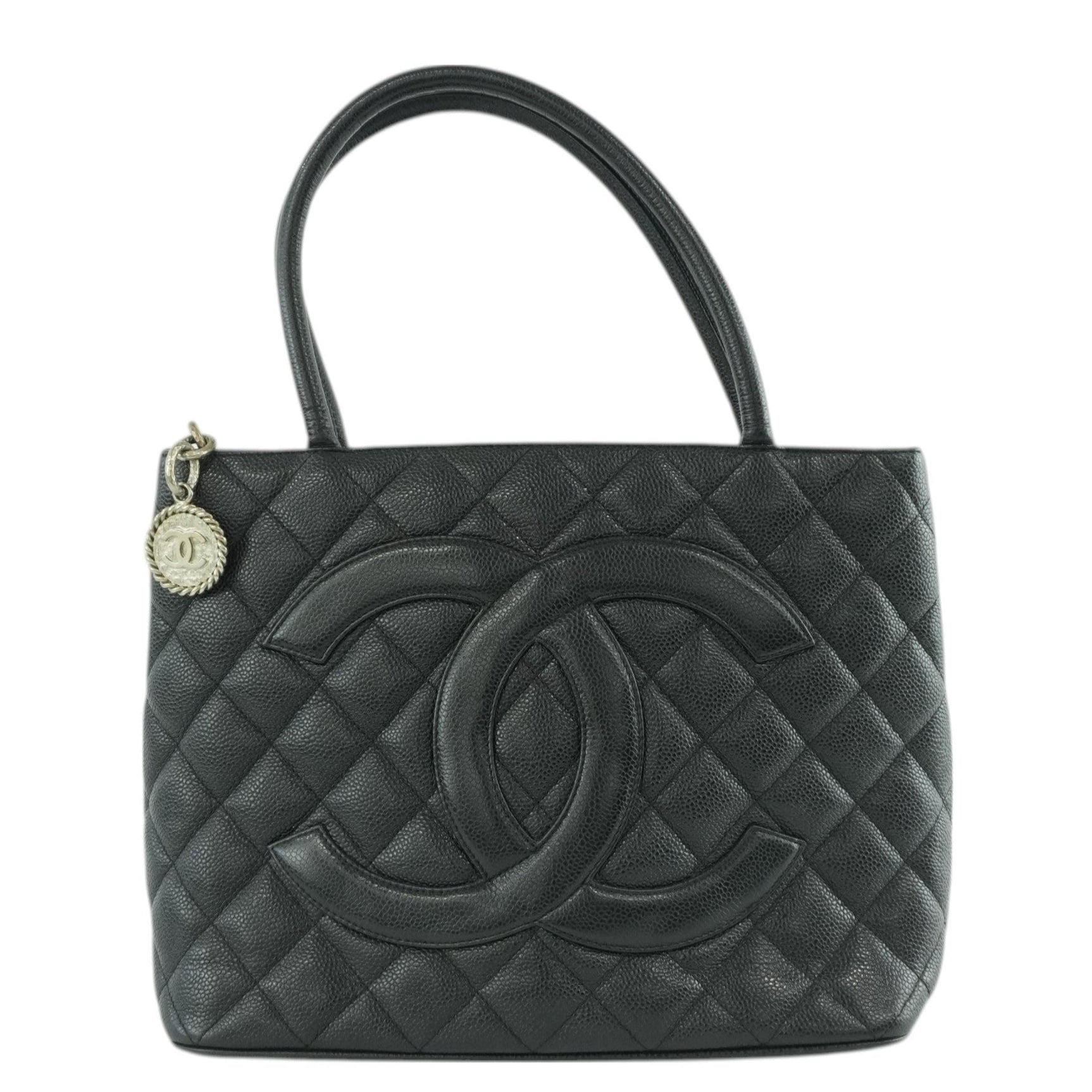 Pre-owned Chanel Medallion Caviar Tote Bag Silver Hardware Black Used