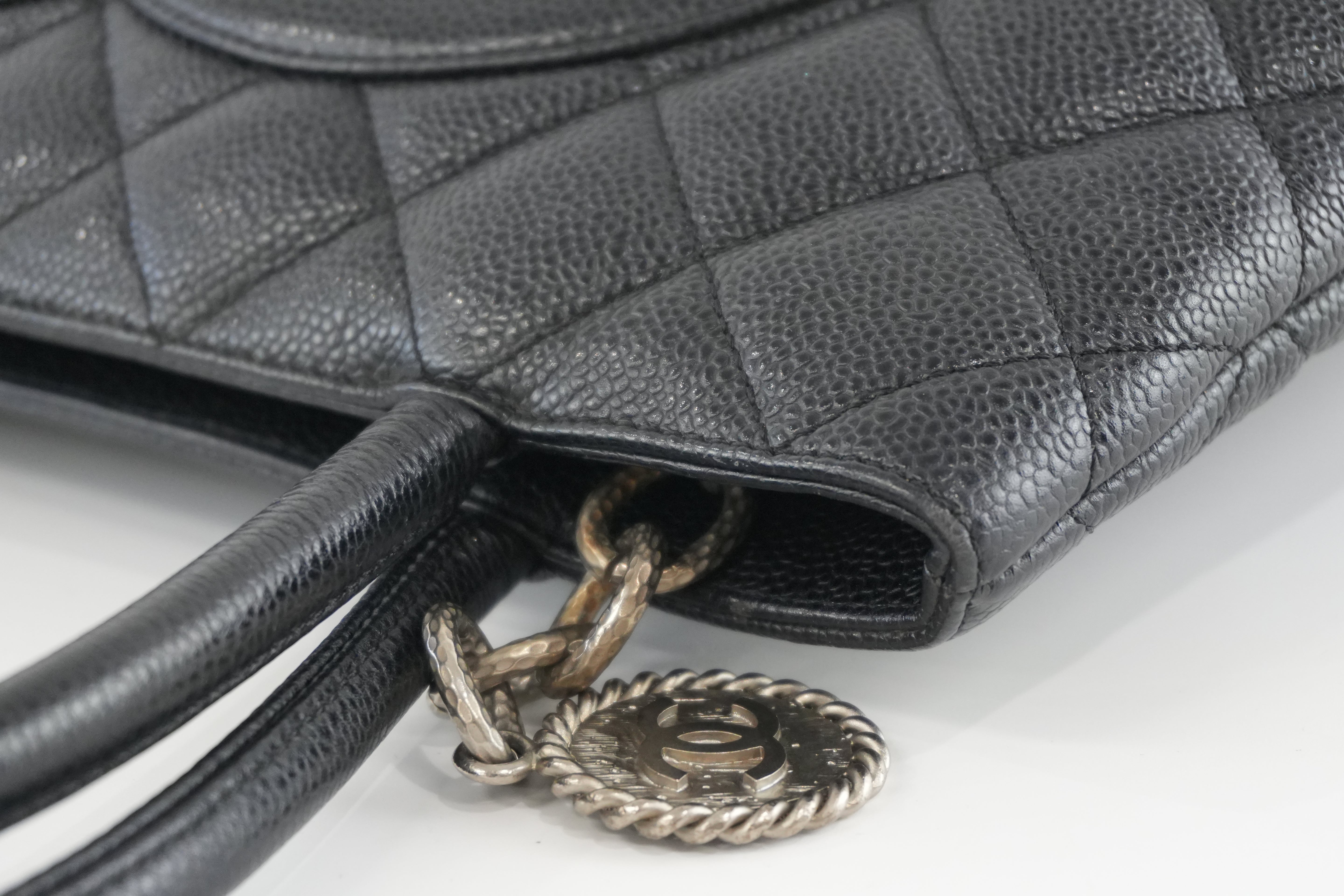 Pre-owned Chanel Medallion Caviar Tote Bag Silver Hardware Black Used