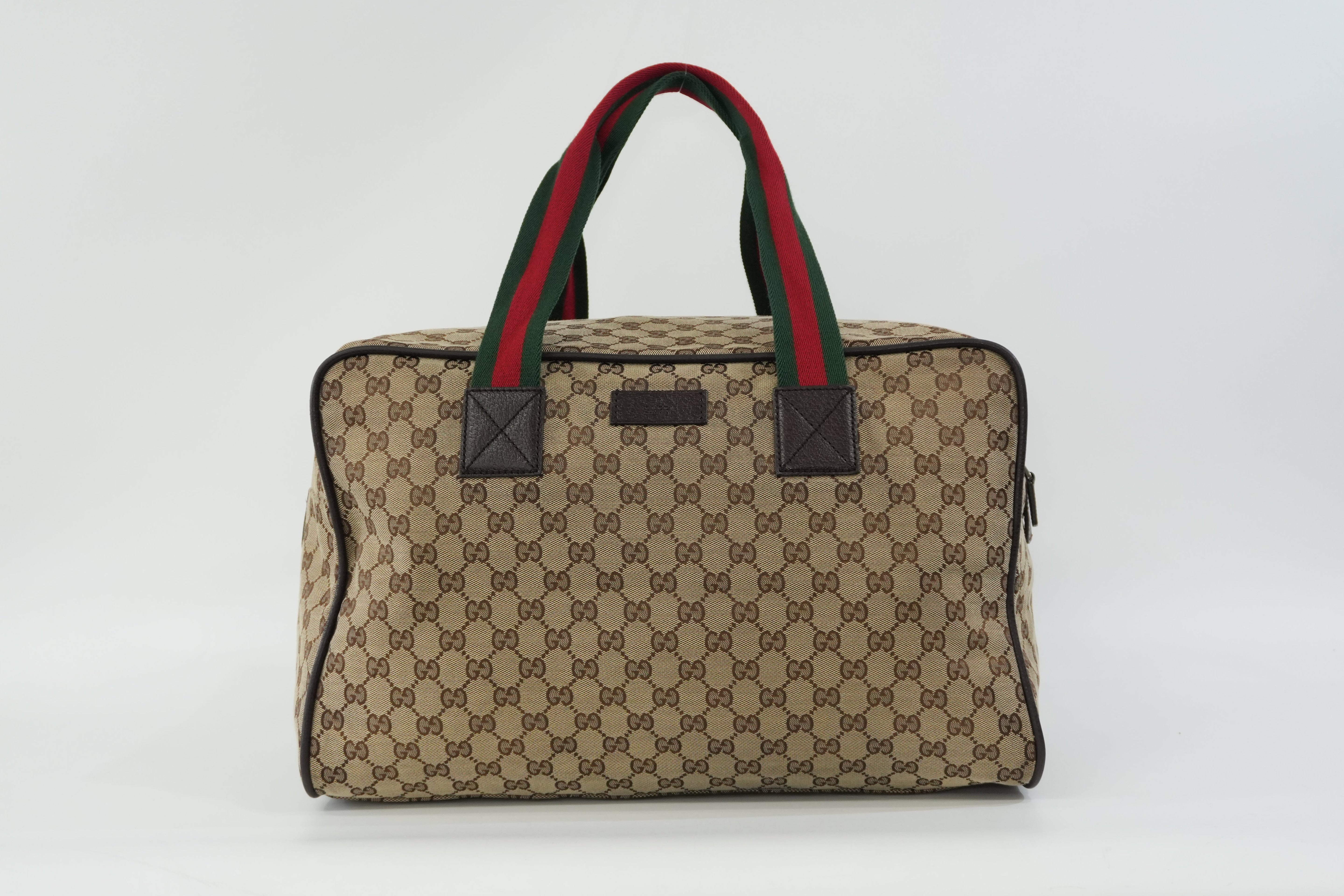 Pre-Owned Gucci Fabric Canvas Web Sherryline Duffle Bag Brown
