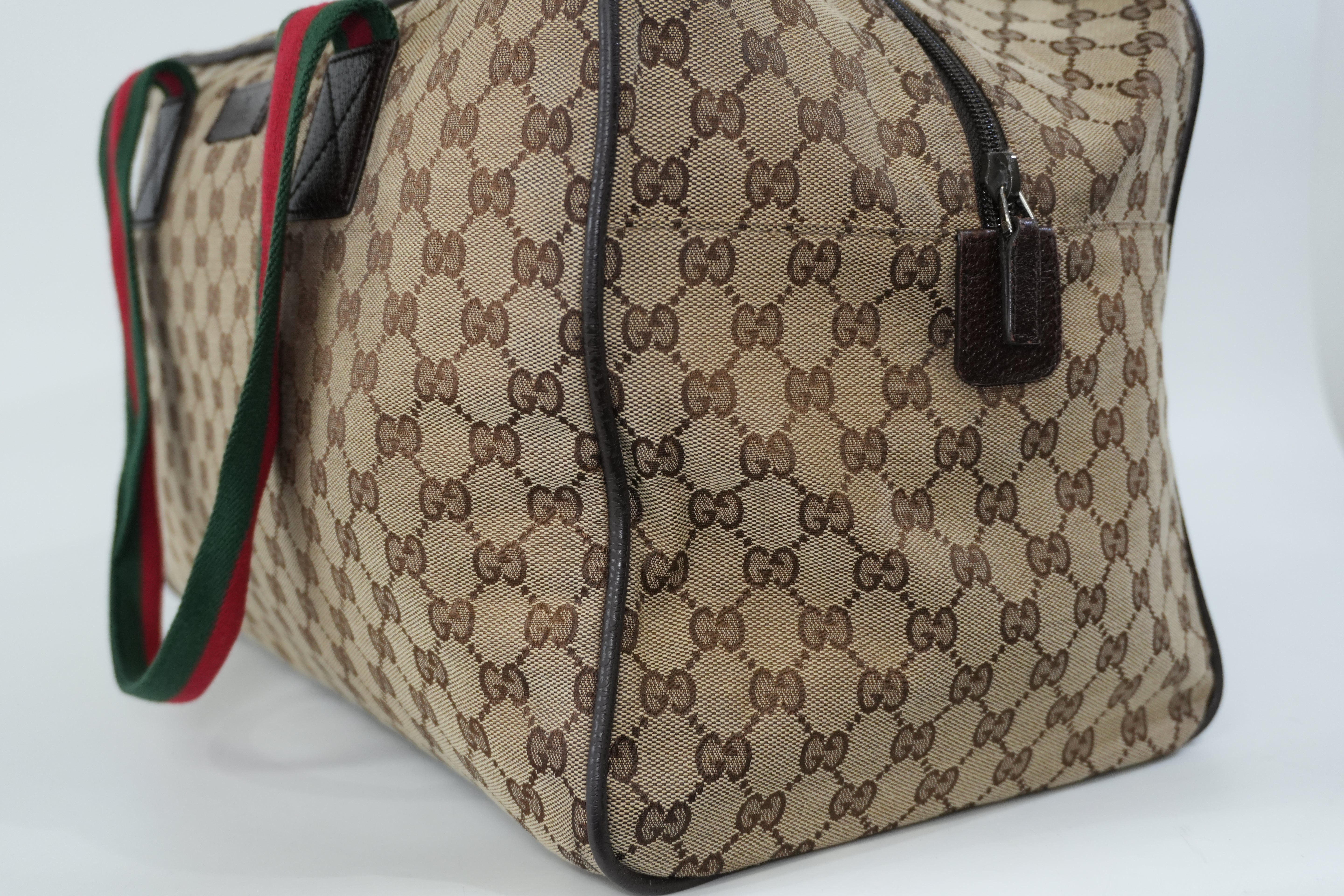 Pre-Owned Gucci Fabric Canvas Web Sherryline Duffle Bag Brown