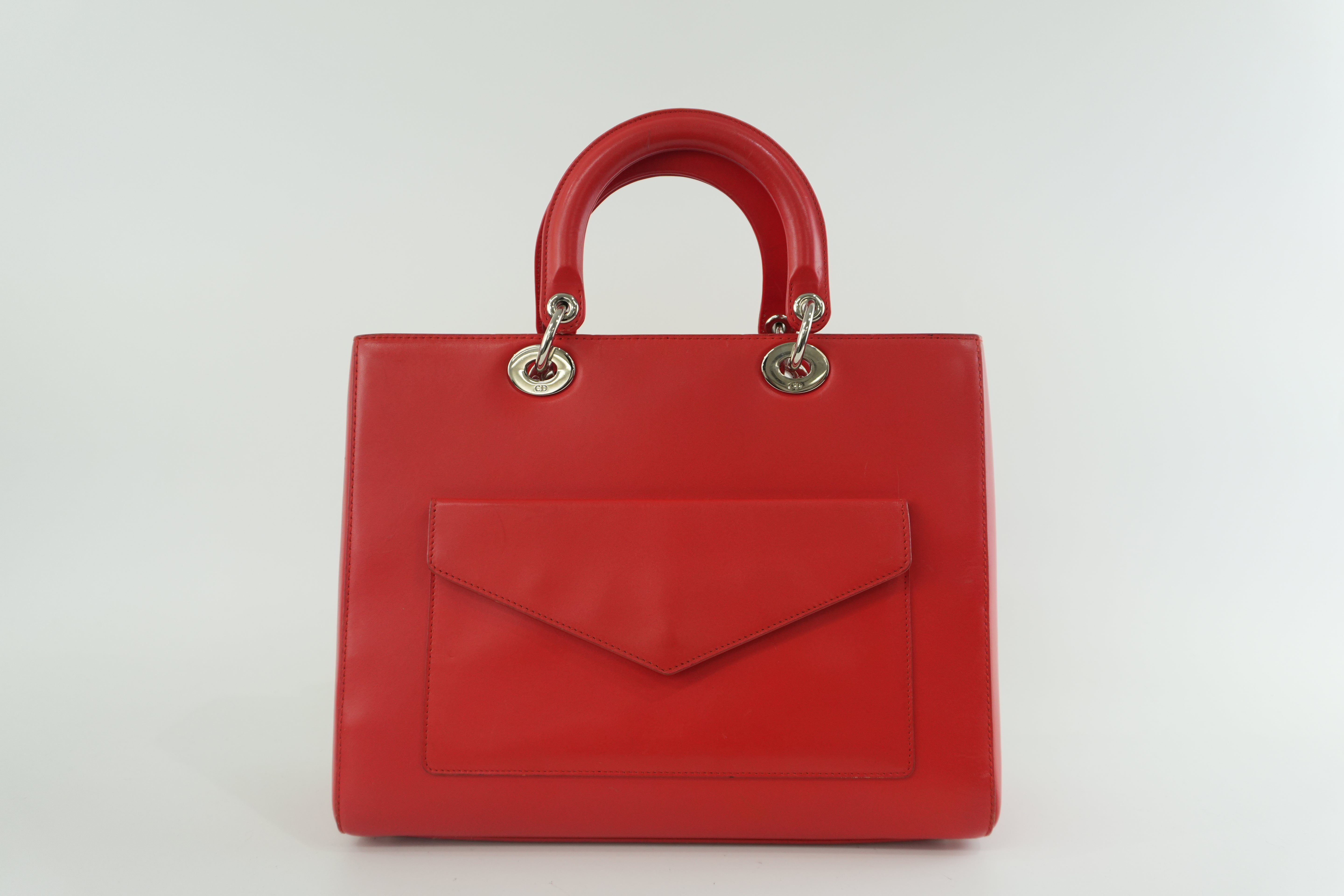 Christian Dior Leather Lady Dior Tote Handbag Red Used