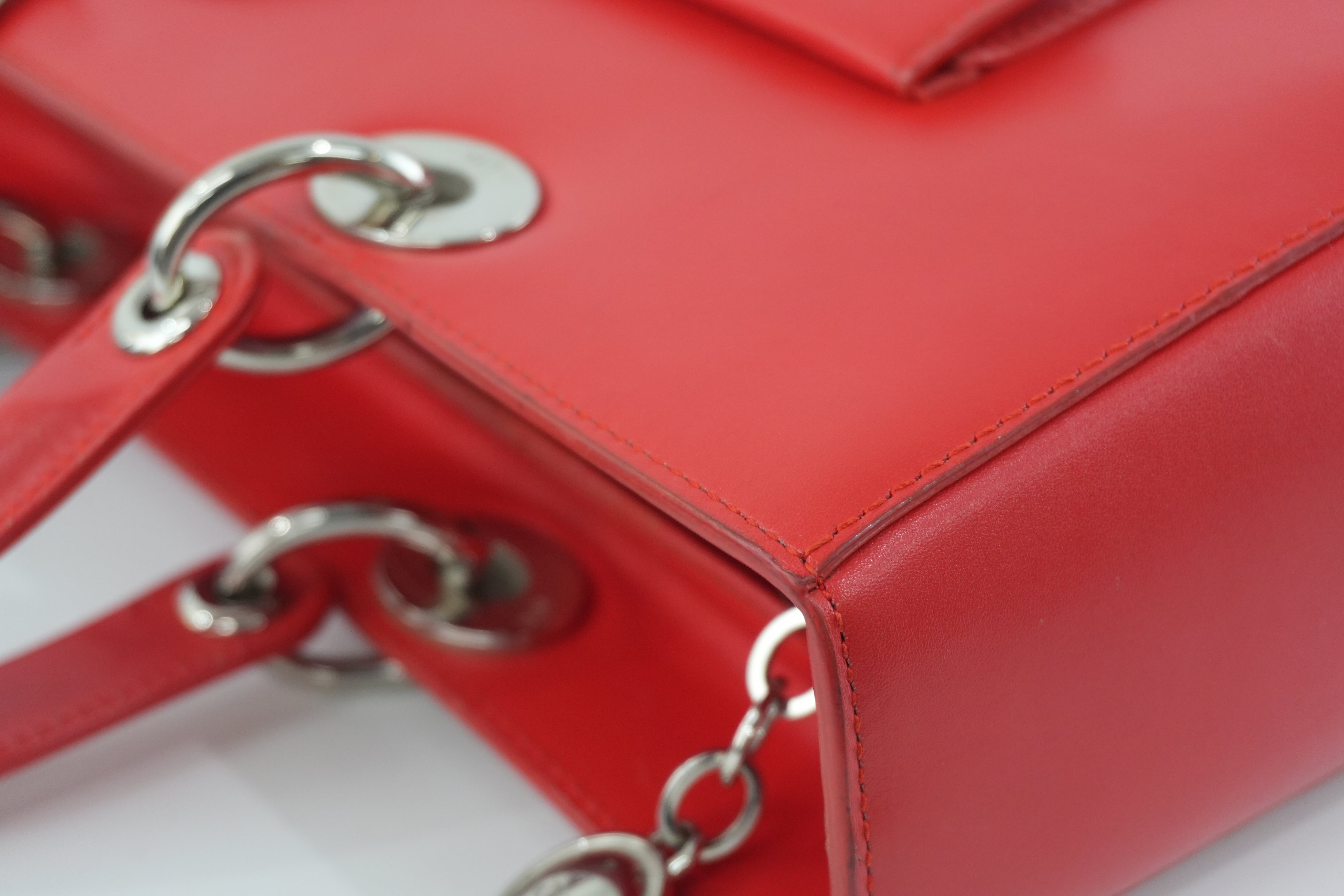 Christian Dior Leather Lady Dior Tote Handbag Red Used