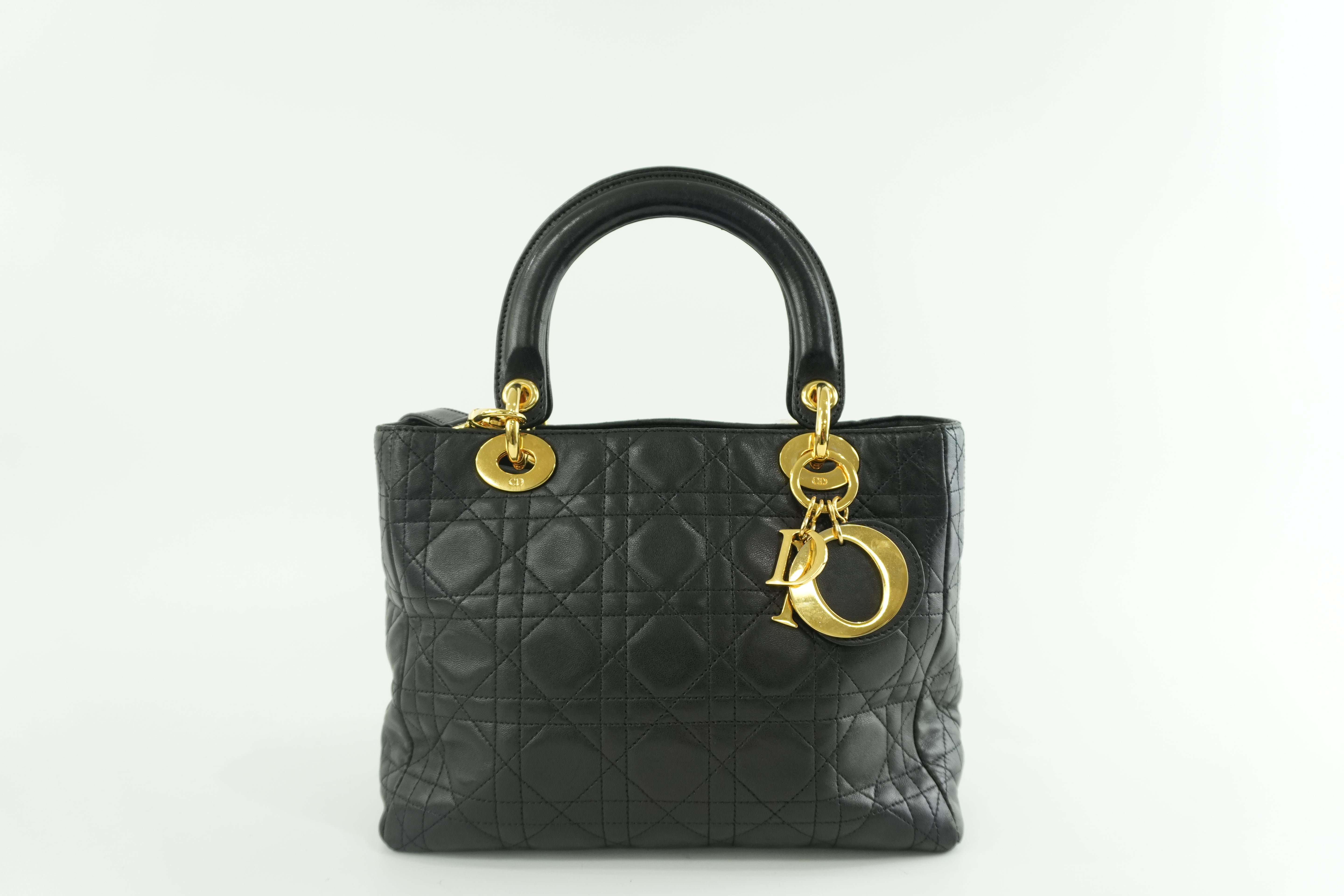 Christian Dior Leather Lady D-Lite Shoulder Bag Black Used