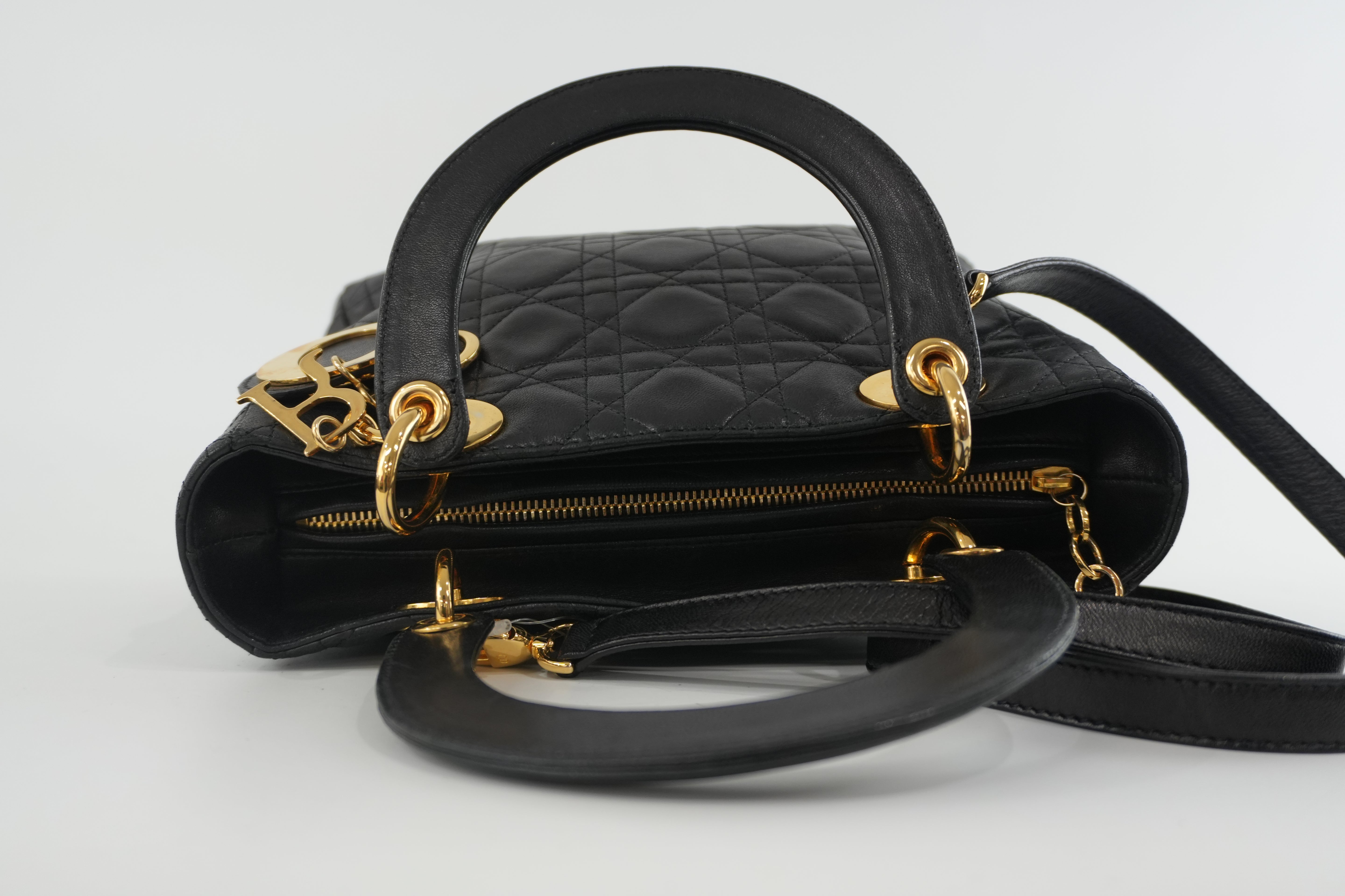 Christian Dior Leather Lady D-Lite Shoulder Bag Black Used