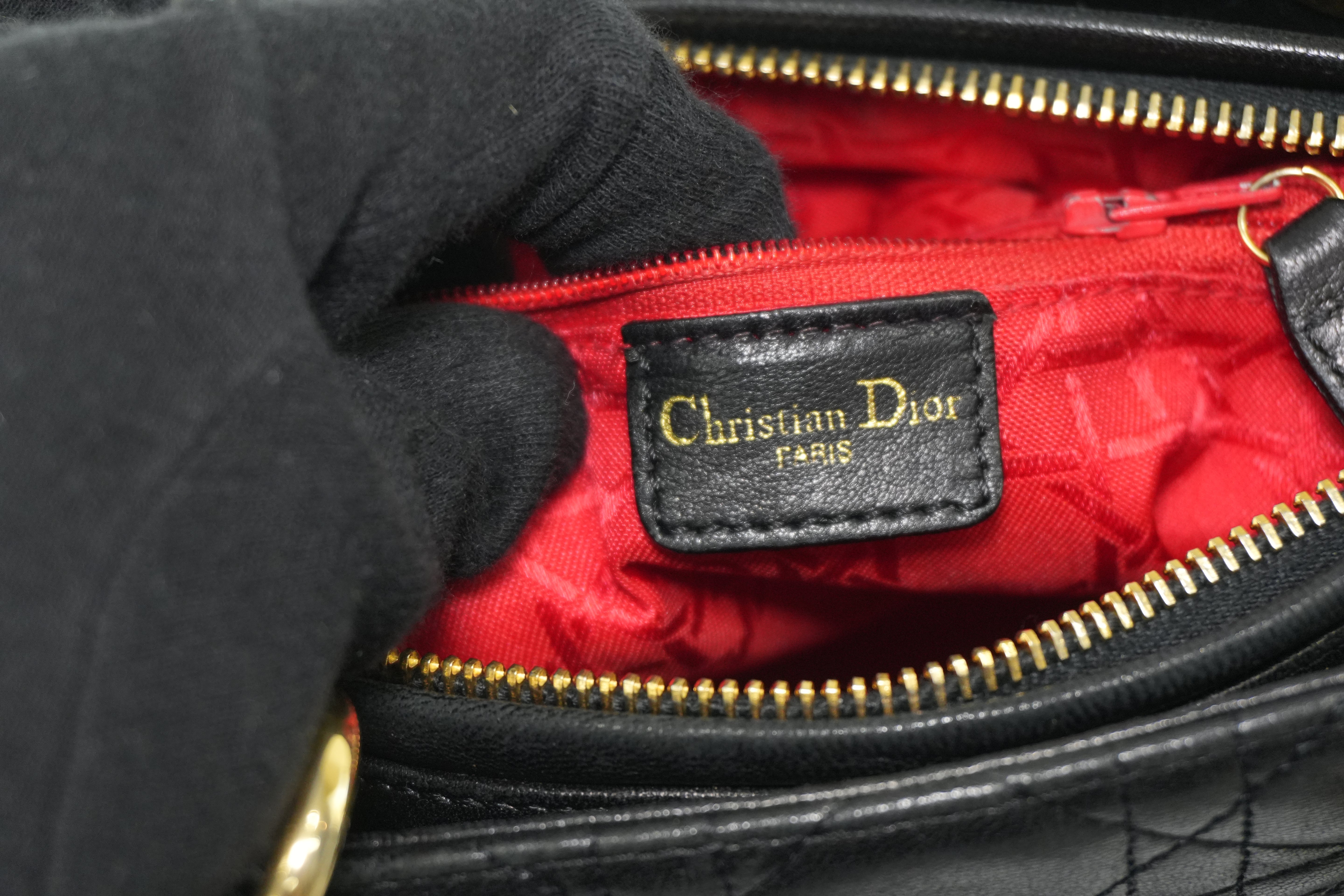 Christian Dior Leather Lady D-Lite Shoulder Bag Black Used