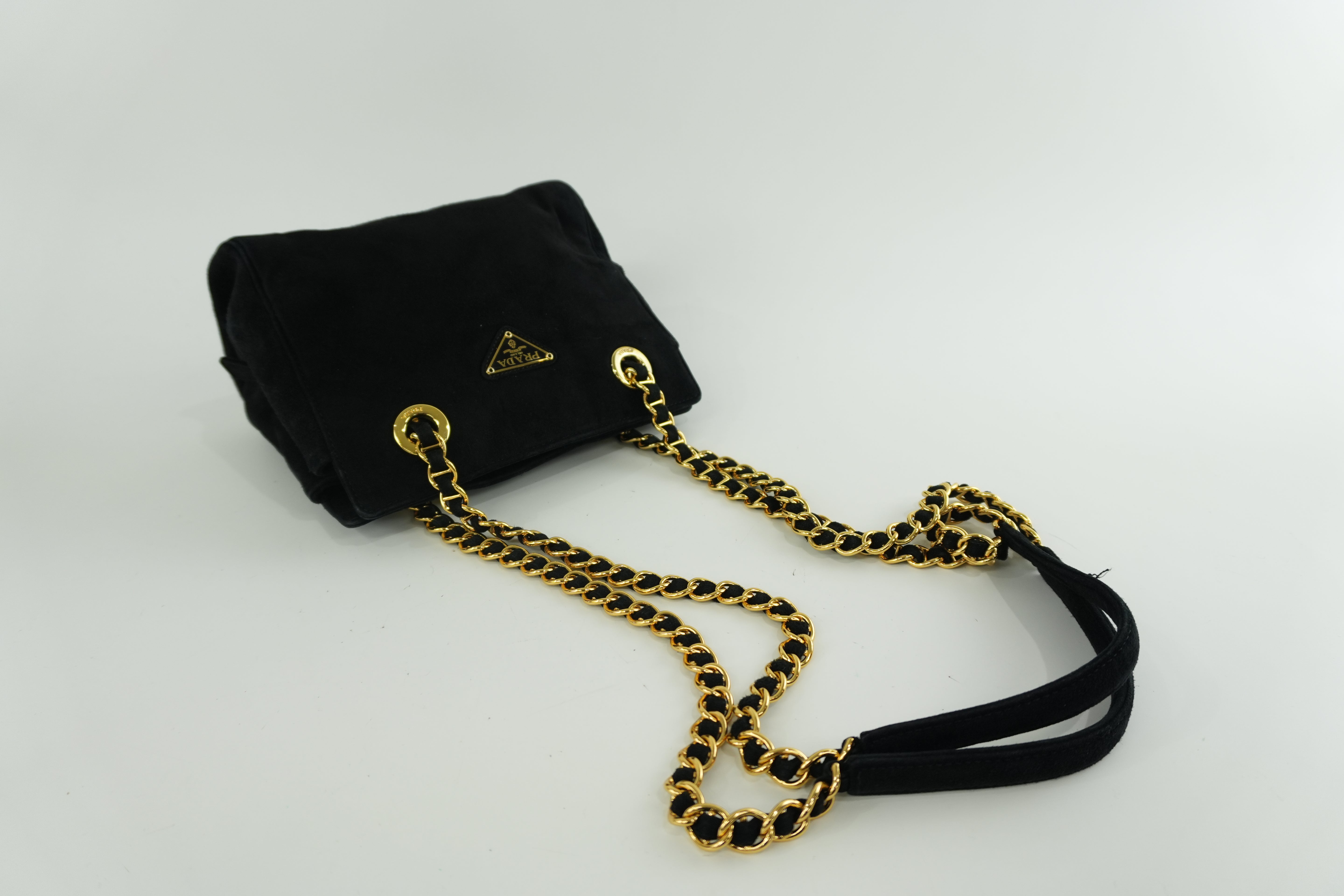 Prada Suede Leather Chain Shoulder Bag Black Used