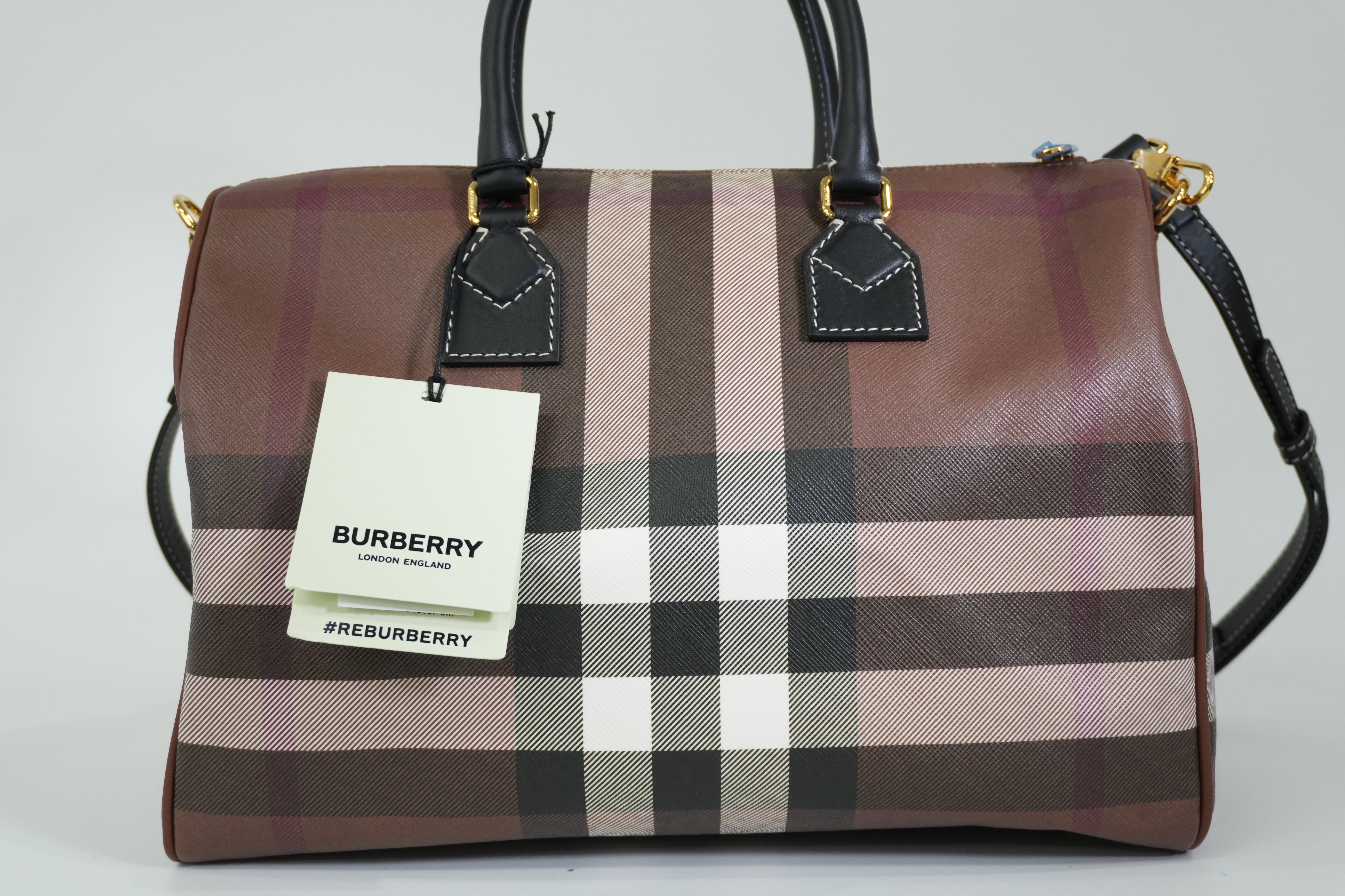 Pre-owned Burberry Two Way Medium Check Bowling Shoulder Bag Brown