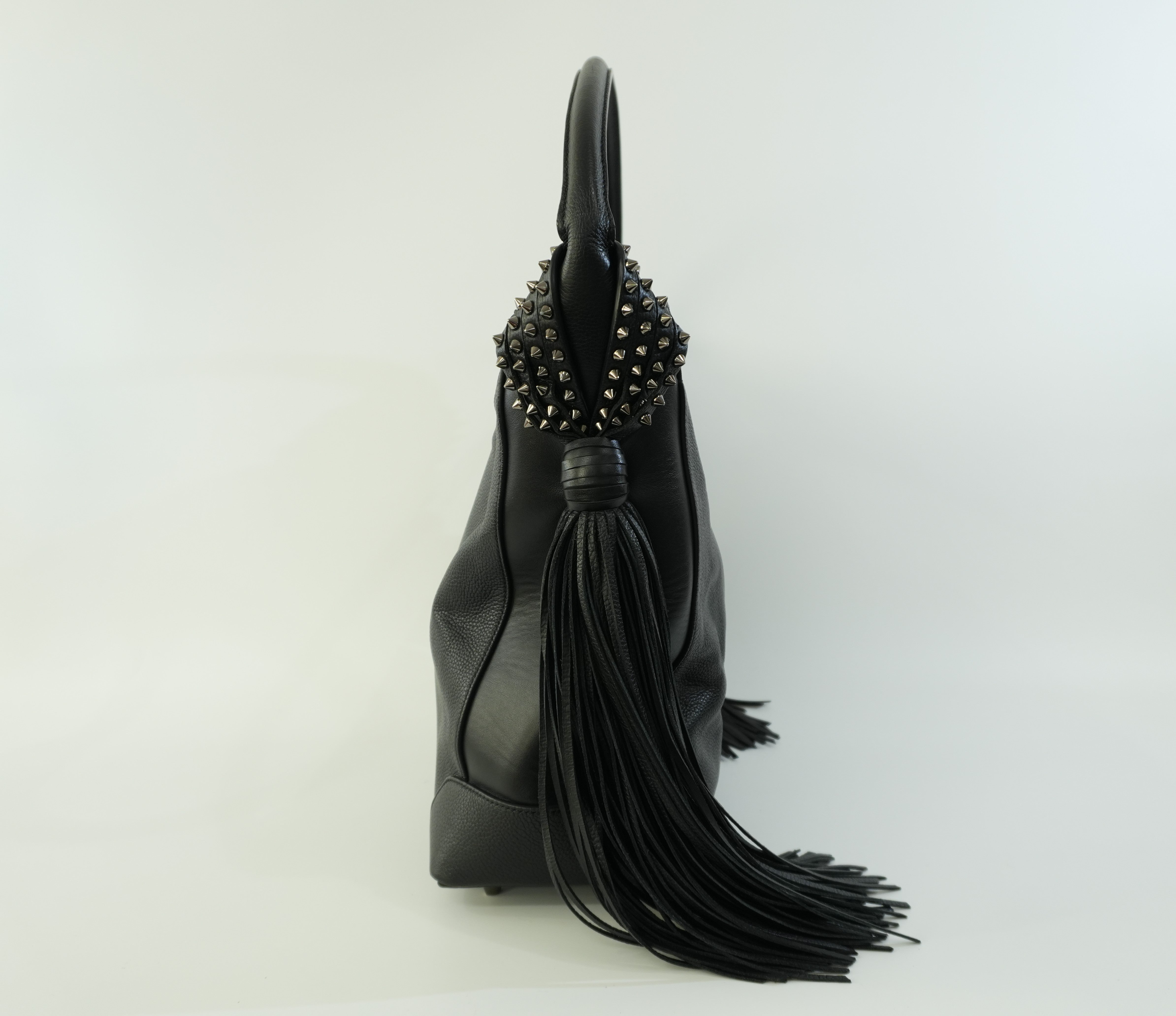 Pre-owned Christian Louboutin Leather Eloise Fringes and Spike Hobo Shoulder Bag Black