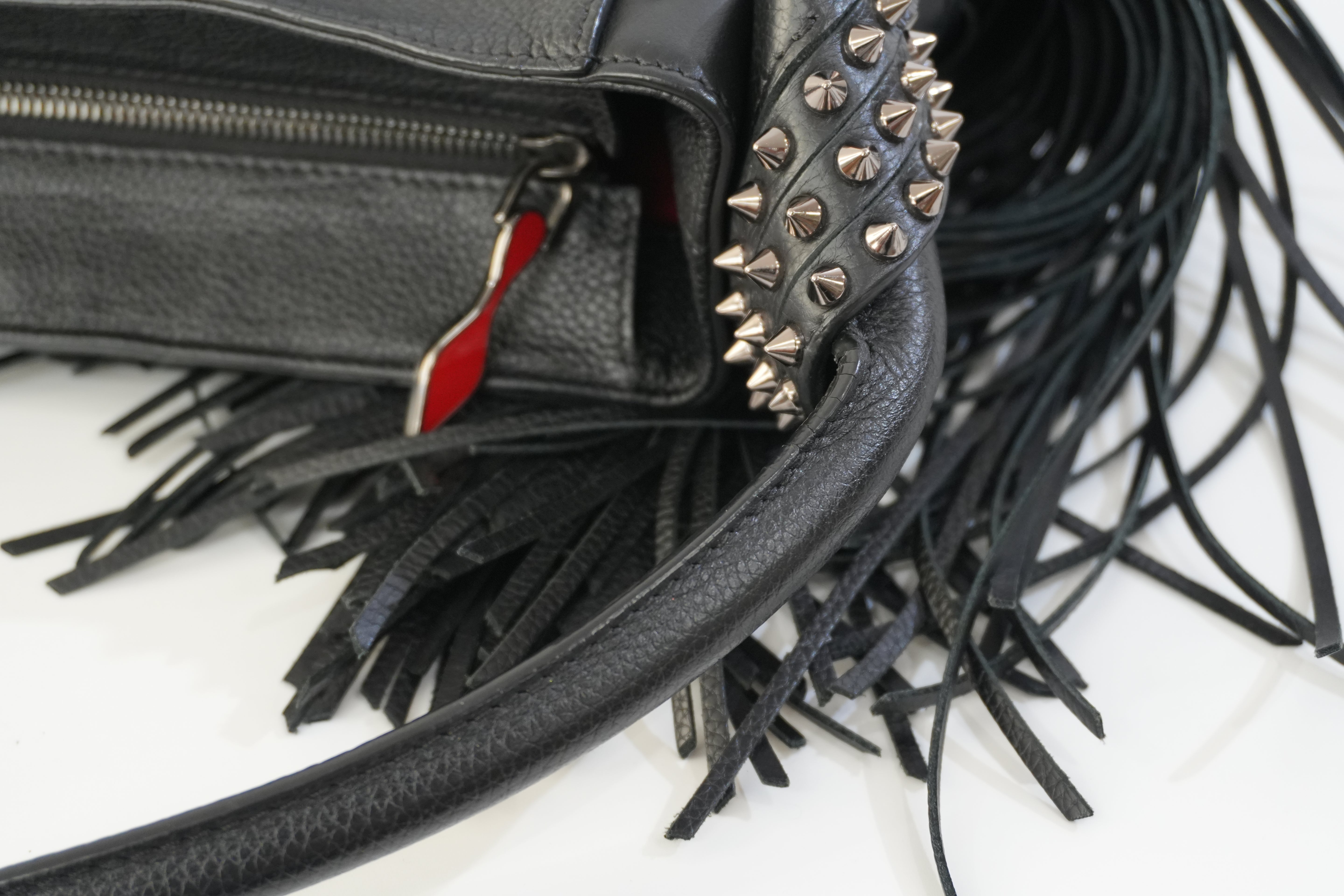 Pre-owned Christian Louboutin Leather Eloise Fringes and Spike Hobo Shoulder Bag Black