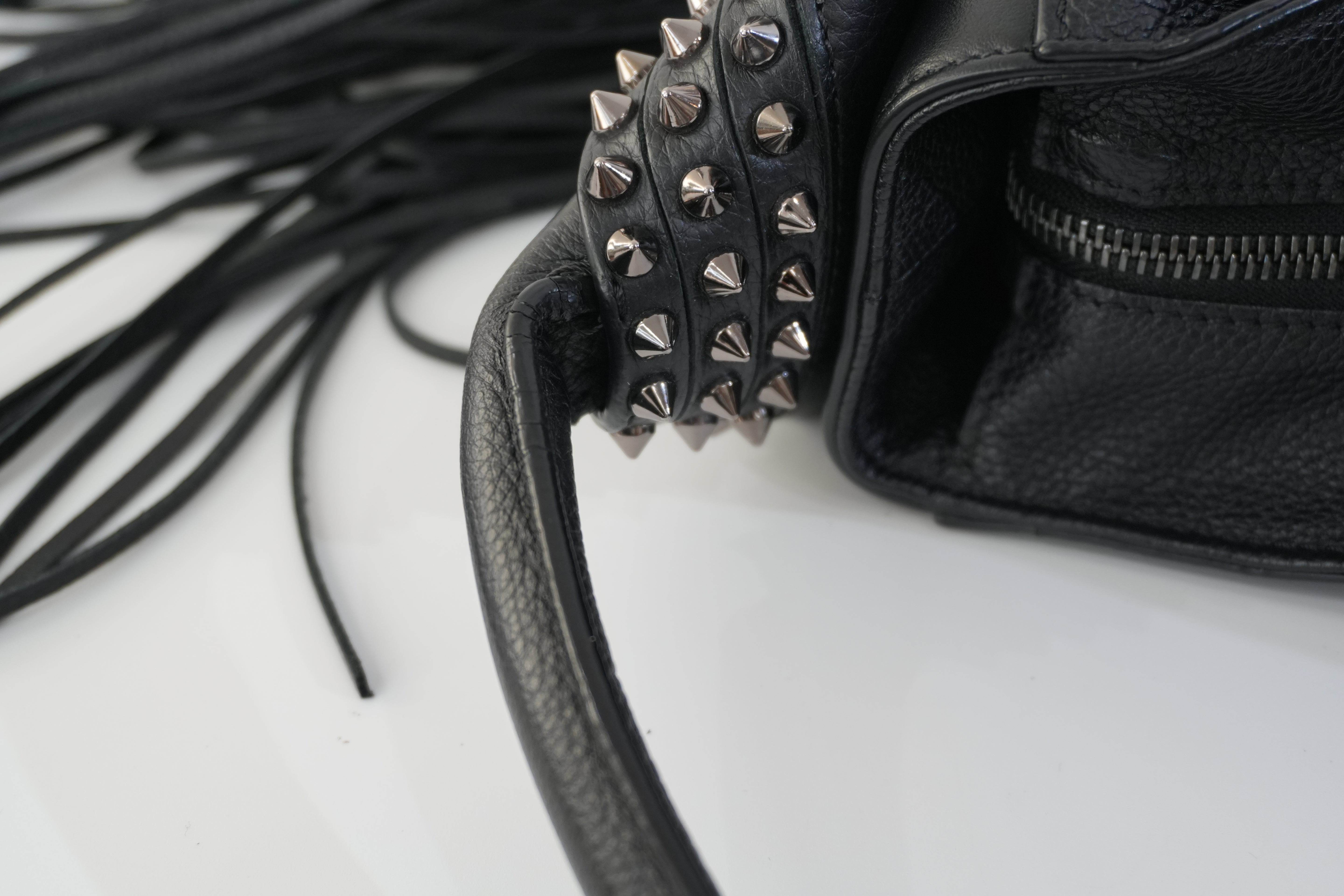Pre-owned Christian Louboutin Leather Eloise Fringes and Spike Hobo Shoulder Bag Black