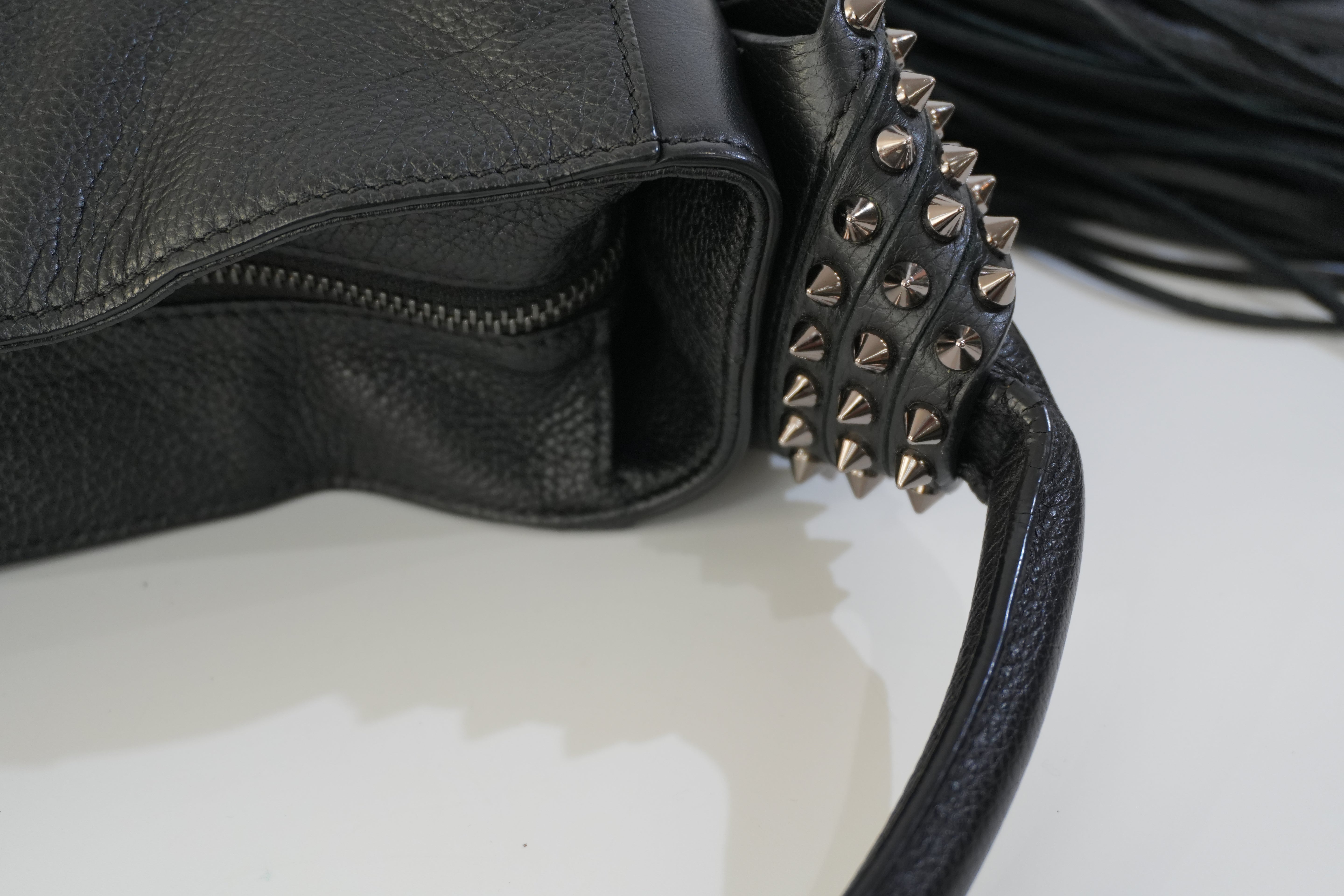 Pre-owned Christian Louboutin Leather Eloise Fringes and Spike Hobo Shoulder Bag Black