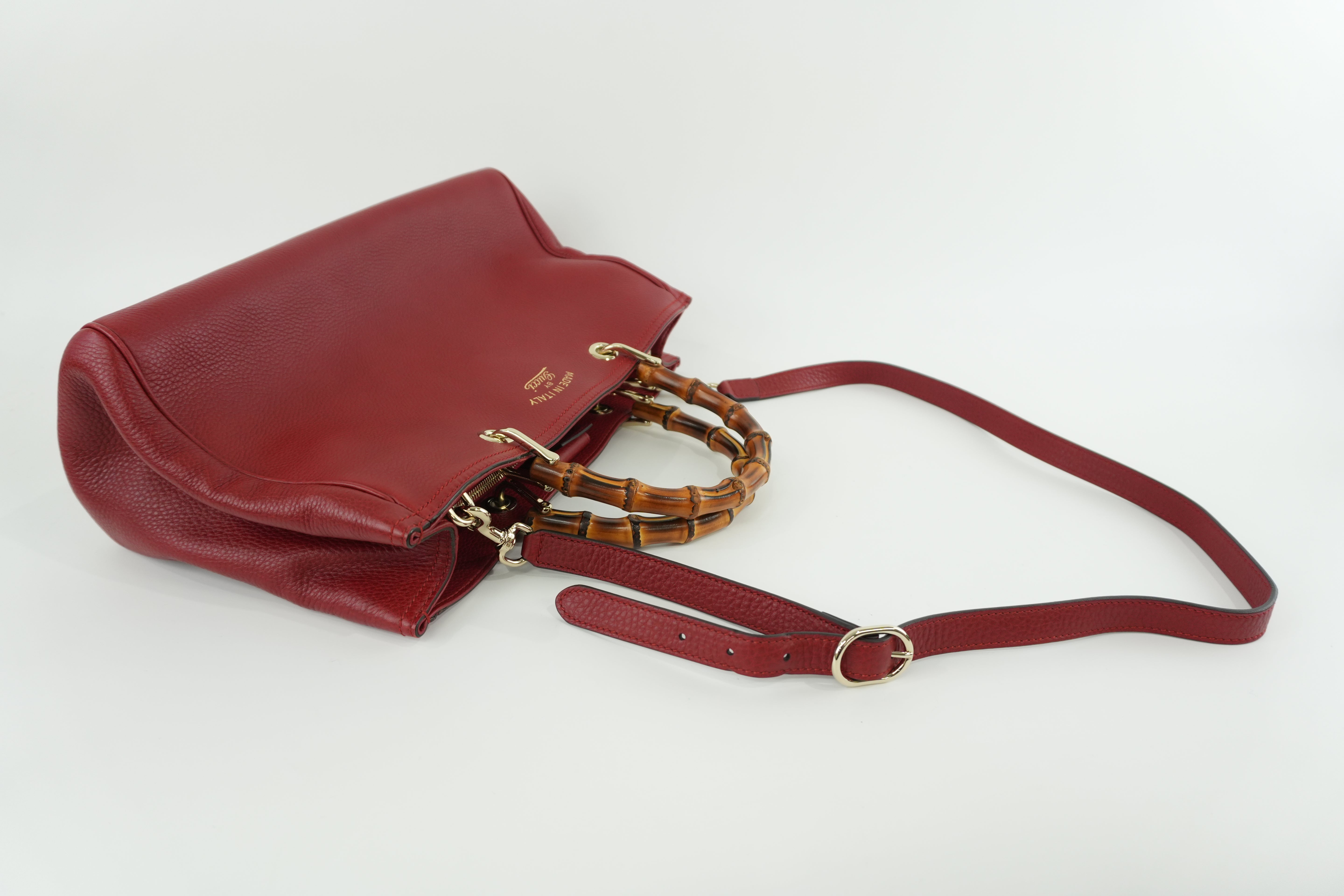 Gucci Bamboo Two Way Shoulder Bag Red Leather Used