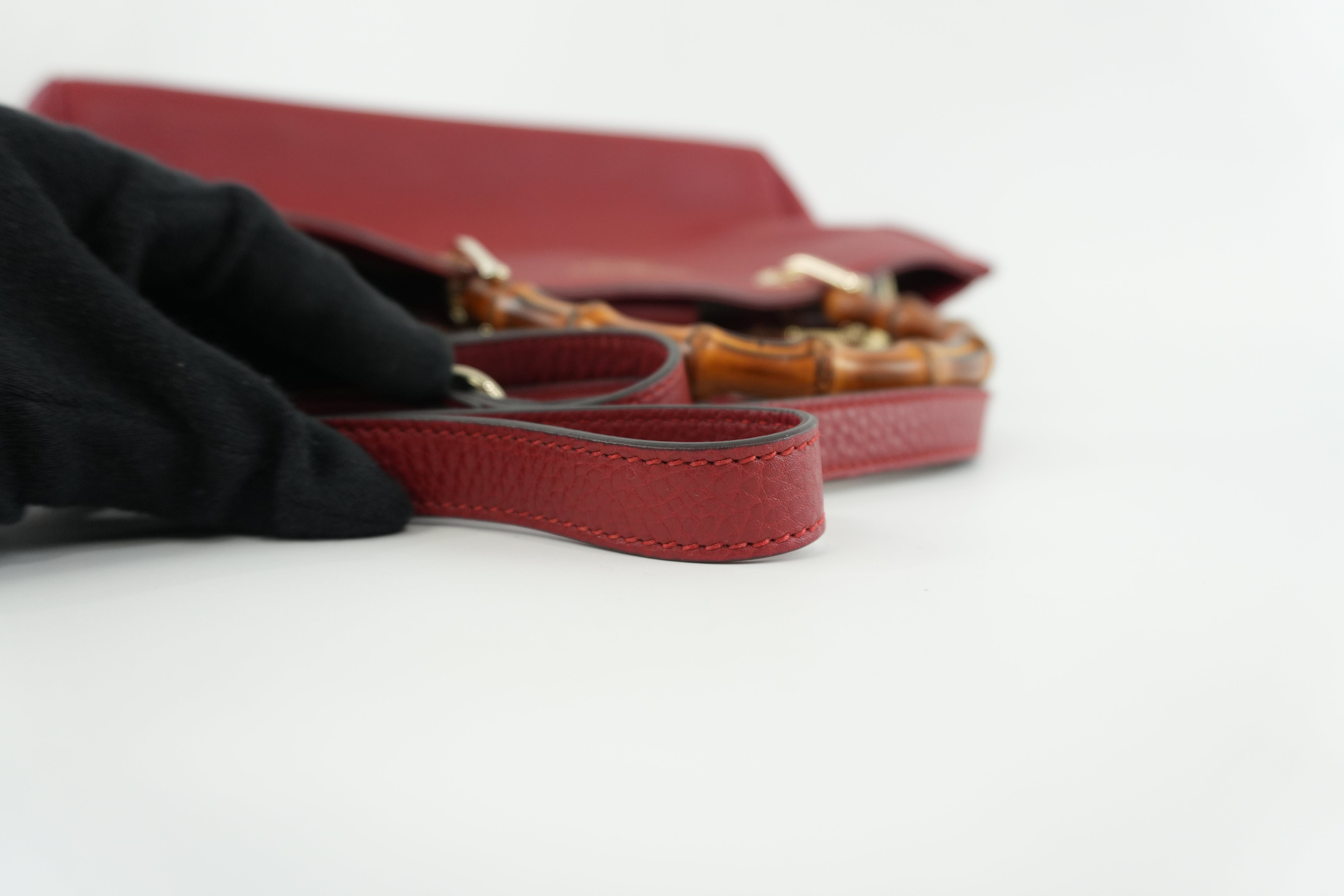 Gucci Bamboo Two Way Shoulder Bag Red Leather Used