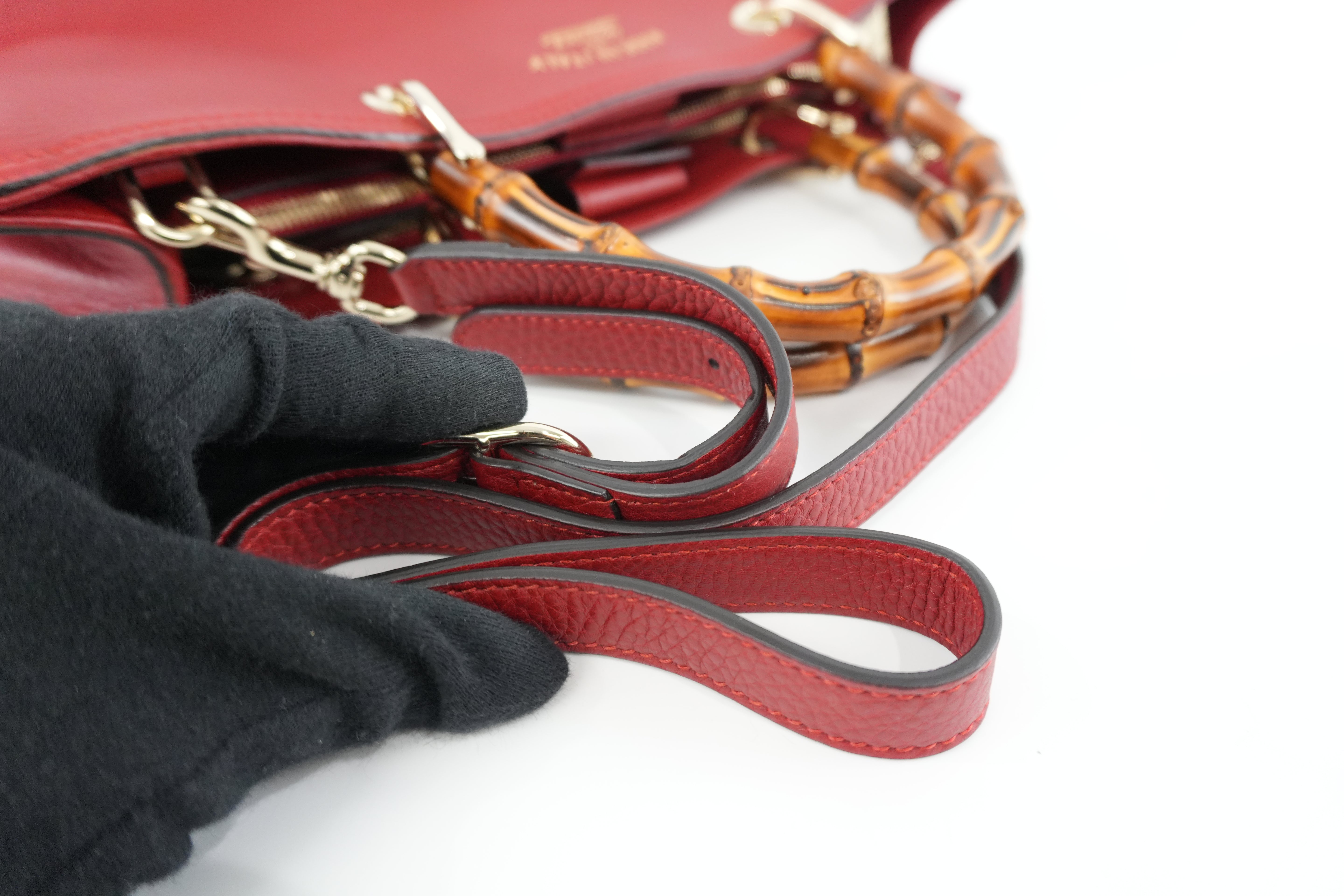 Gucci Bamboo Two Way Shoulder Bag Red Leather Used
