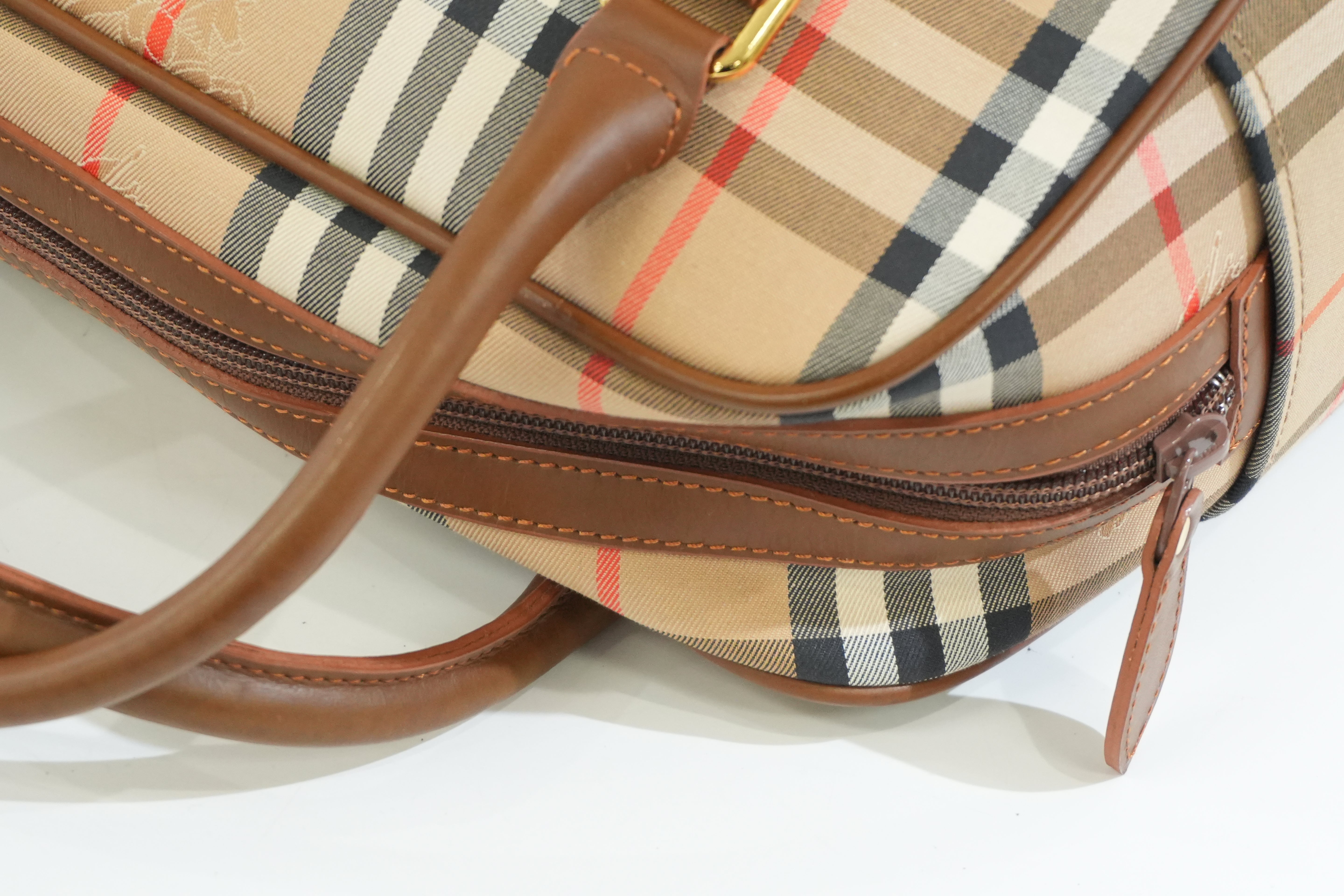 Pre-owned Burberry Haymarket Check Boston Bag Brown