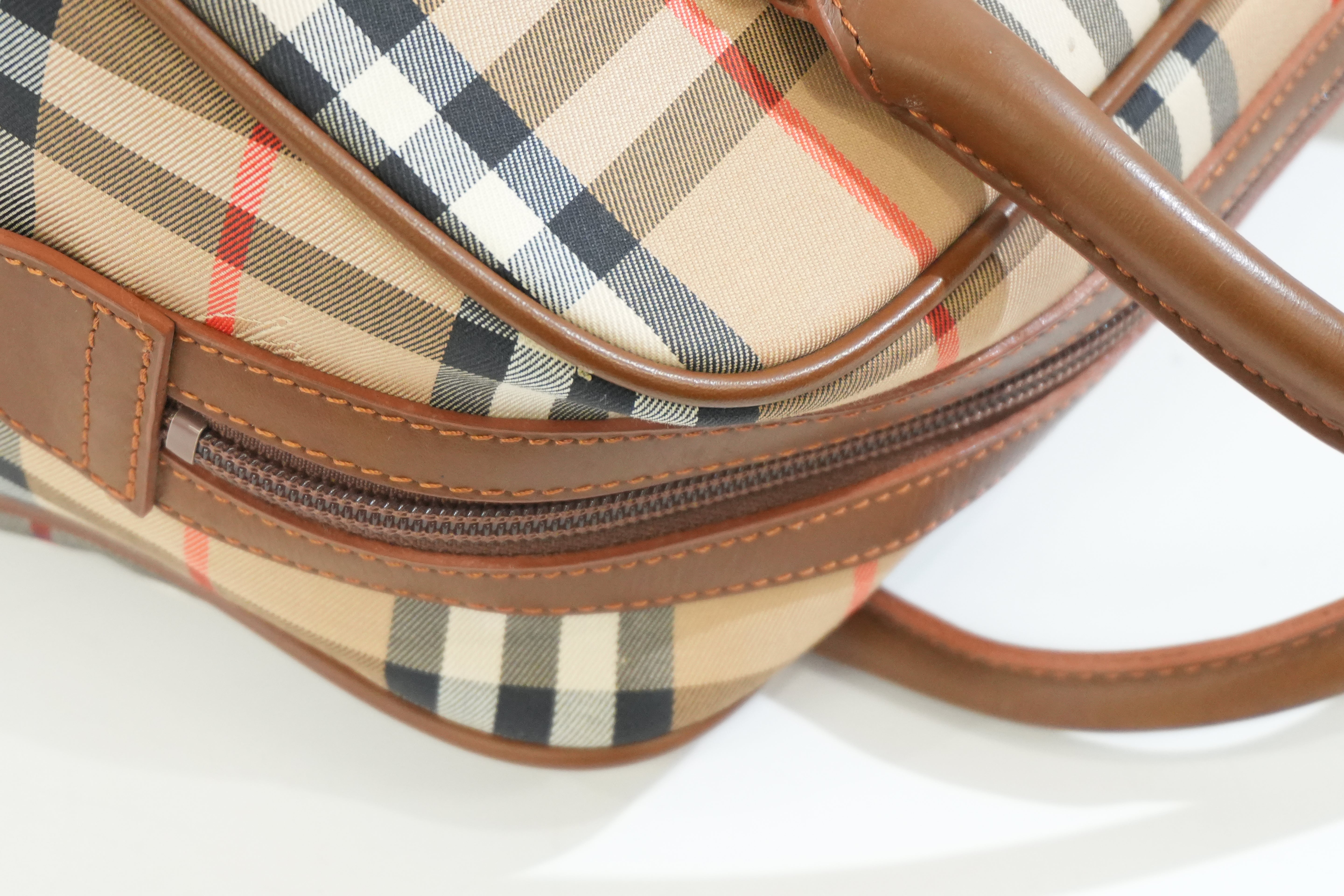 Pre-owned Burberry Haymarket Check Boston Bag Brown