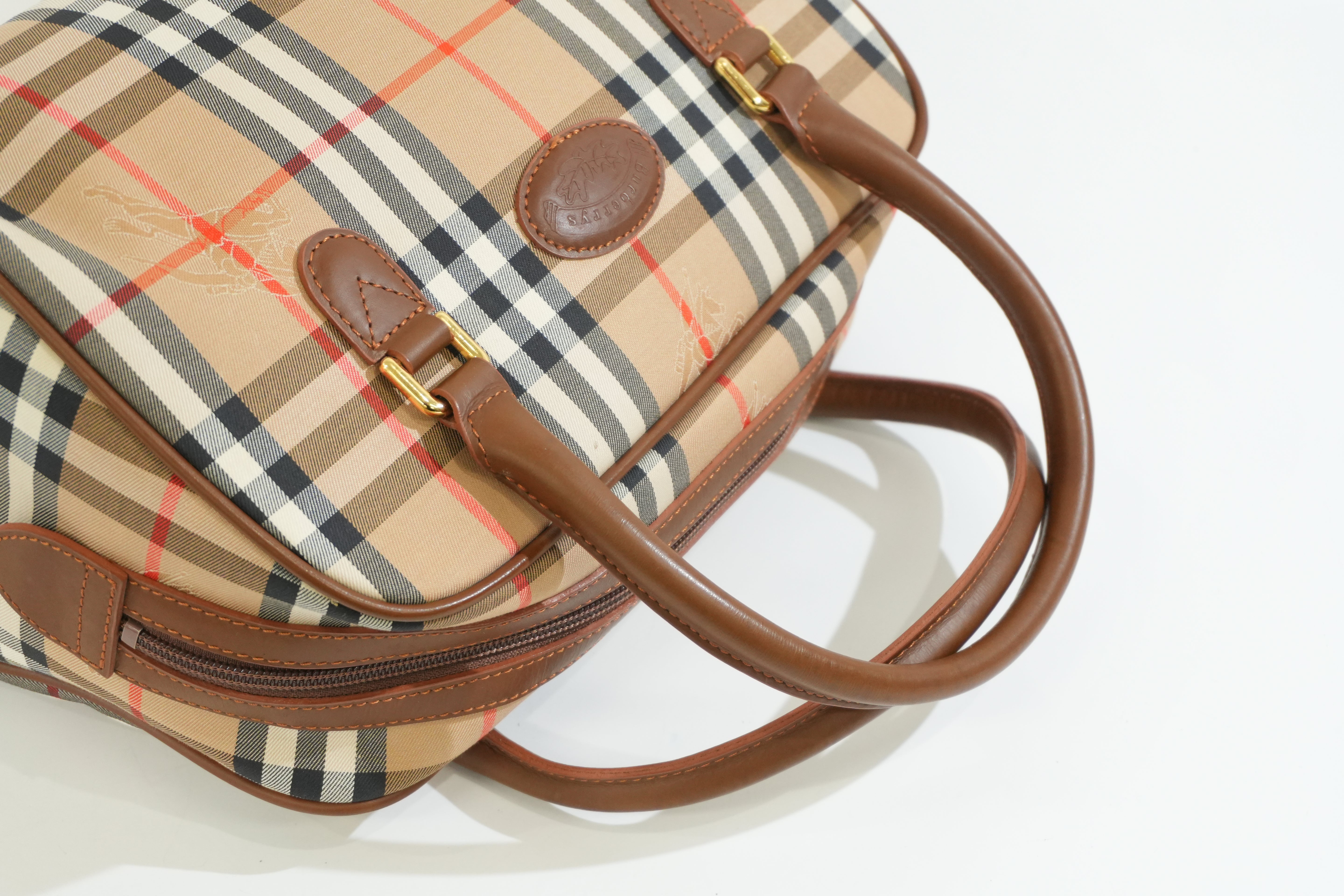 Pre-owned Burberry Haymarket Check Boston Bag Brown