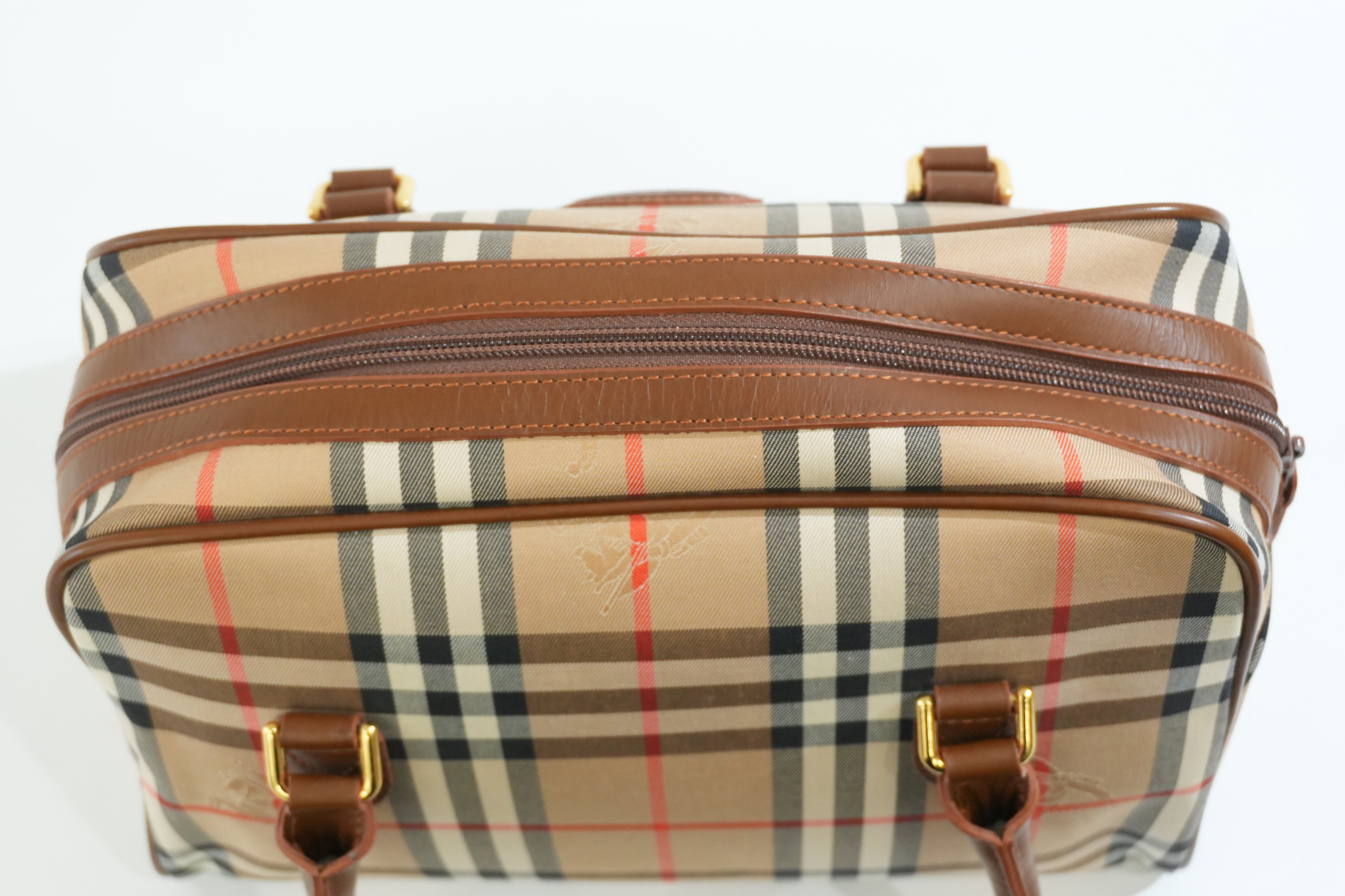 Pre-owned Burberry Haymarket Check Boston Bag Brown