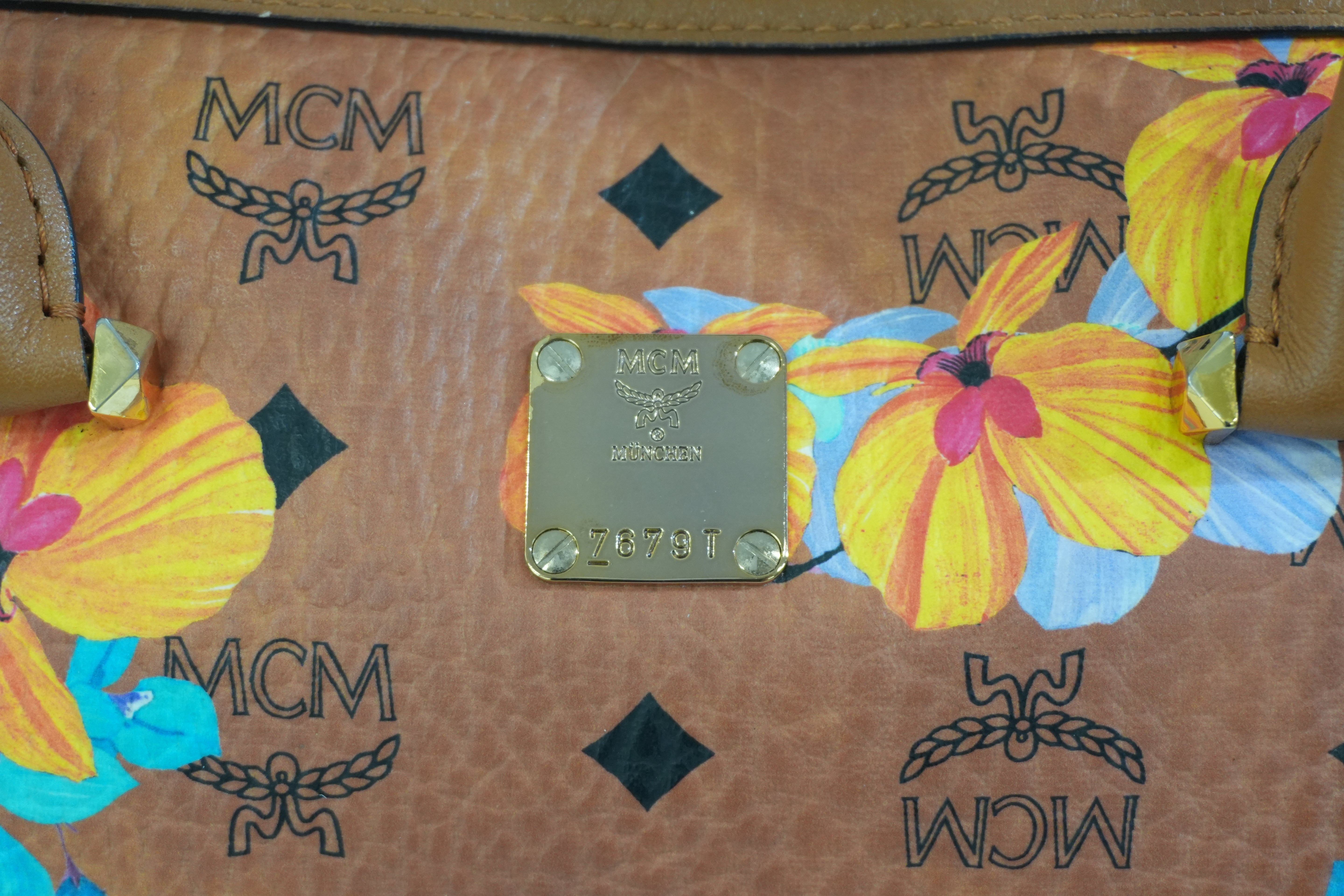Pre-owned MCM Orchid Floral Two Way Visetos Mini Boston Cognac