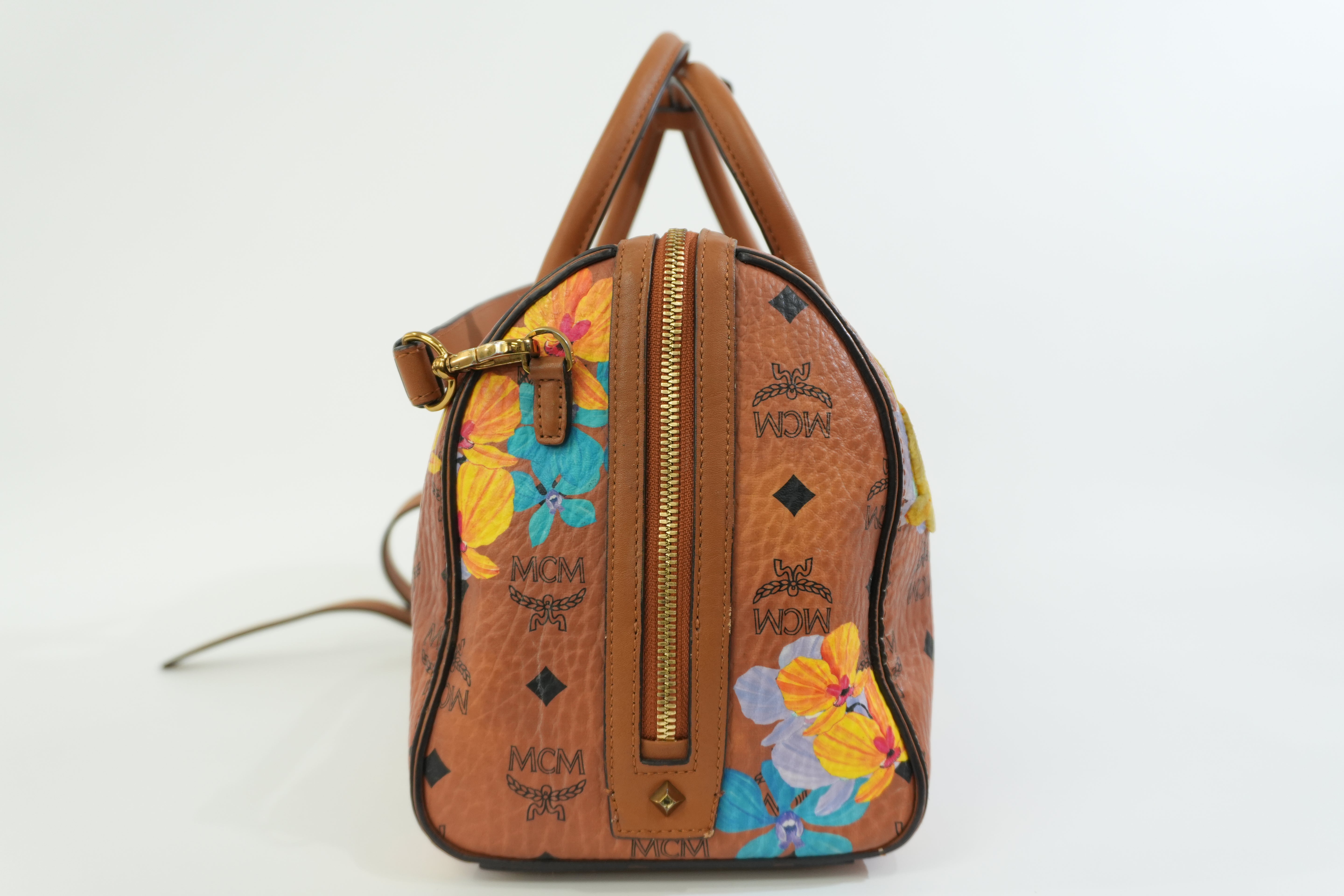 Pre-owned MCM Orchid Floral Two Way Visetos Mini Boston Cognac
