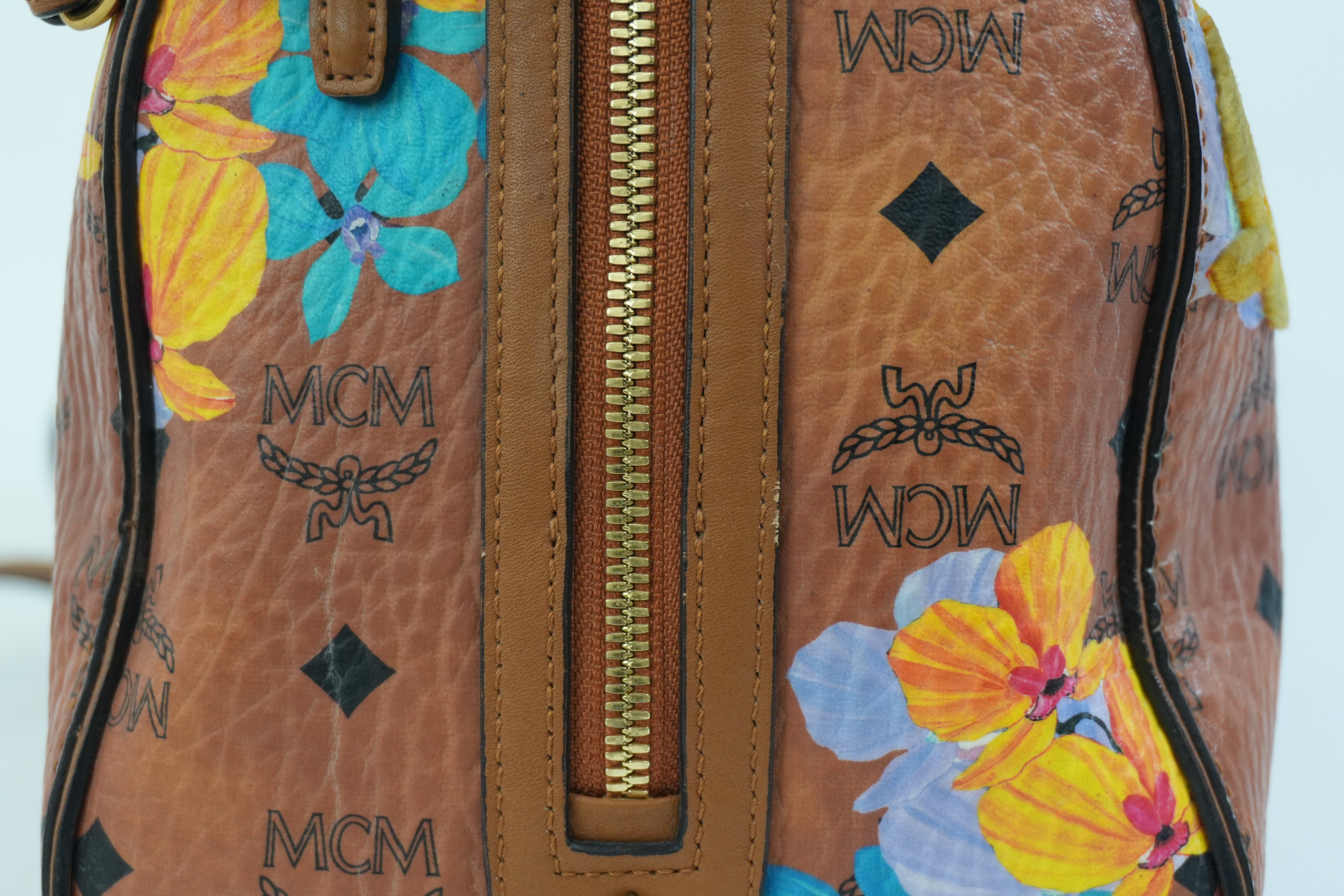 Pre-owned MCM Orchid Floral Two Way Visetos Mini Boston Cognac