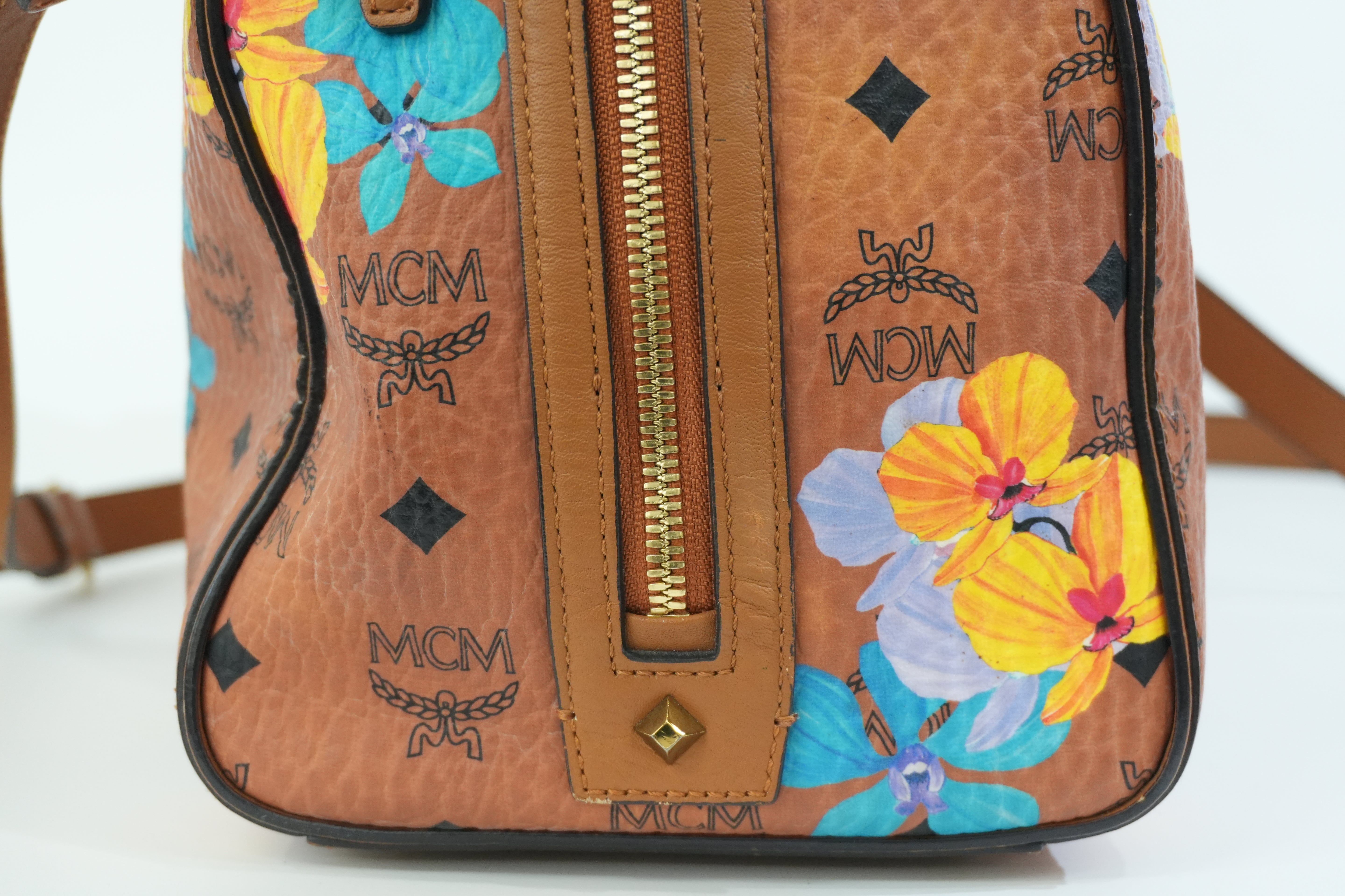 Pre-owned MCM Orchid Floral Two Way Visetos Mini Boston Cognac