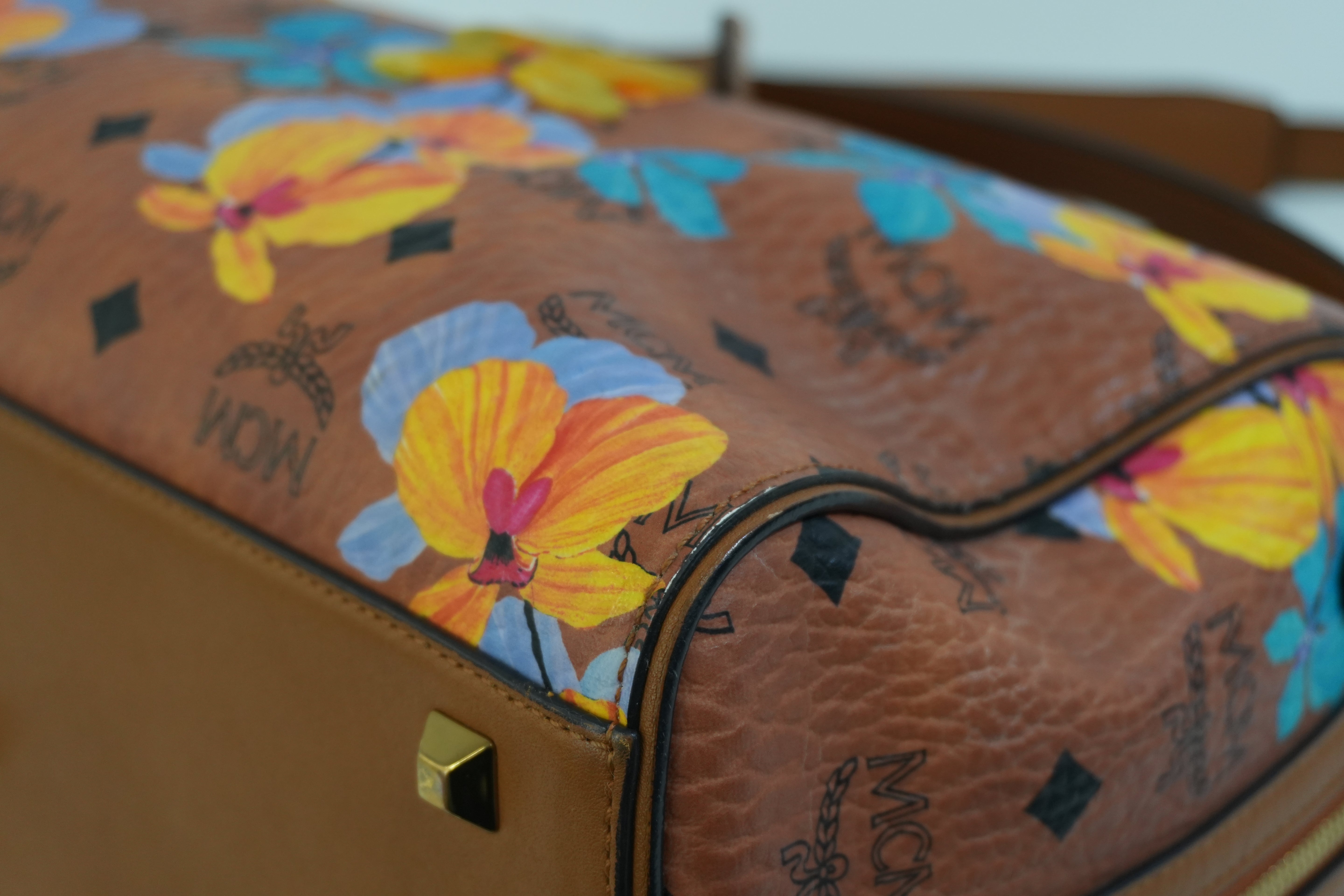 Pre-owned MCM Orchid Floral Two Way Visetos Mini Boston Cognac