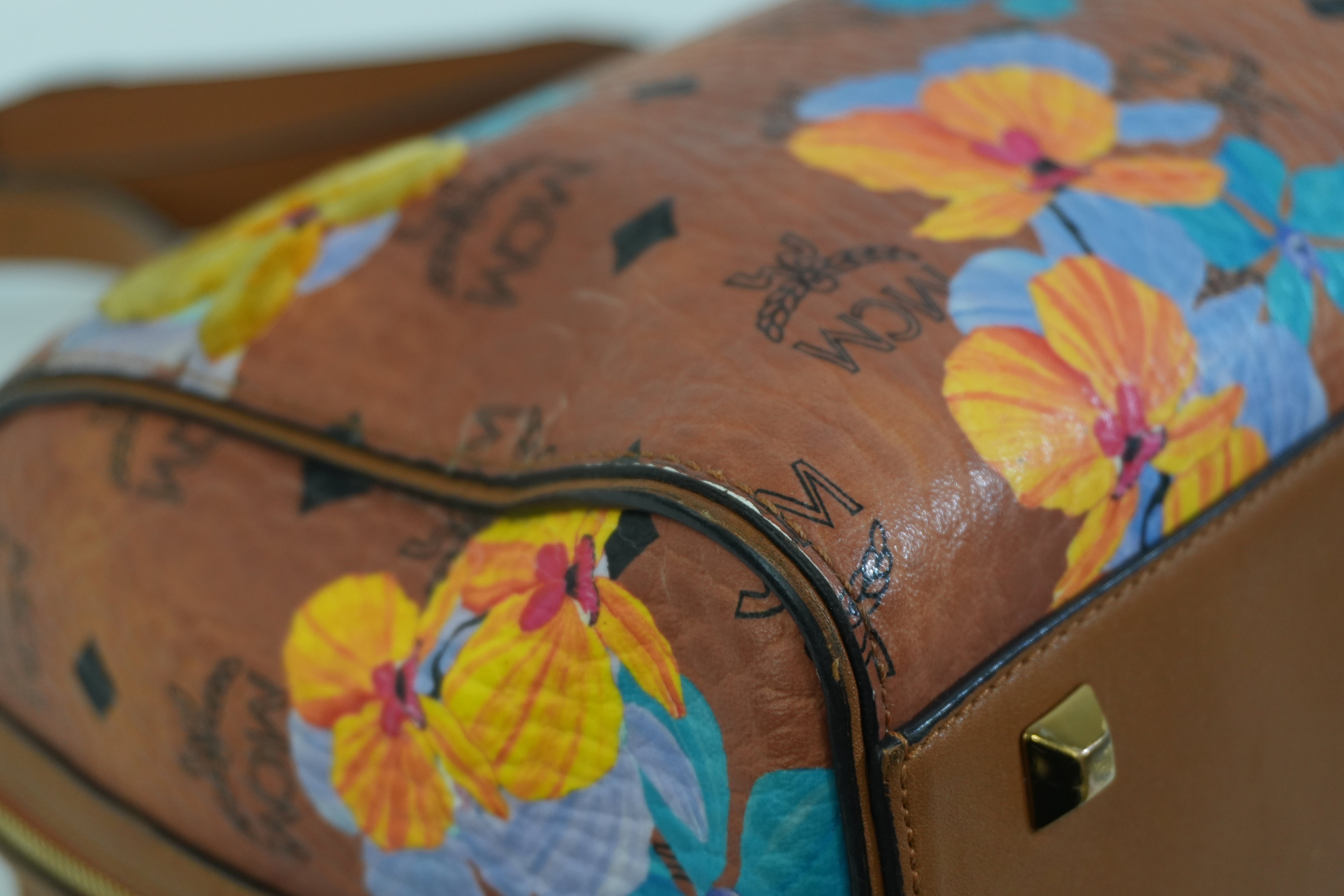 Pre-owned MCM Orchid Floral Two Way Visetos Mini Boston Cognac