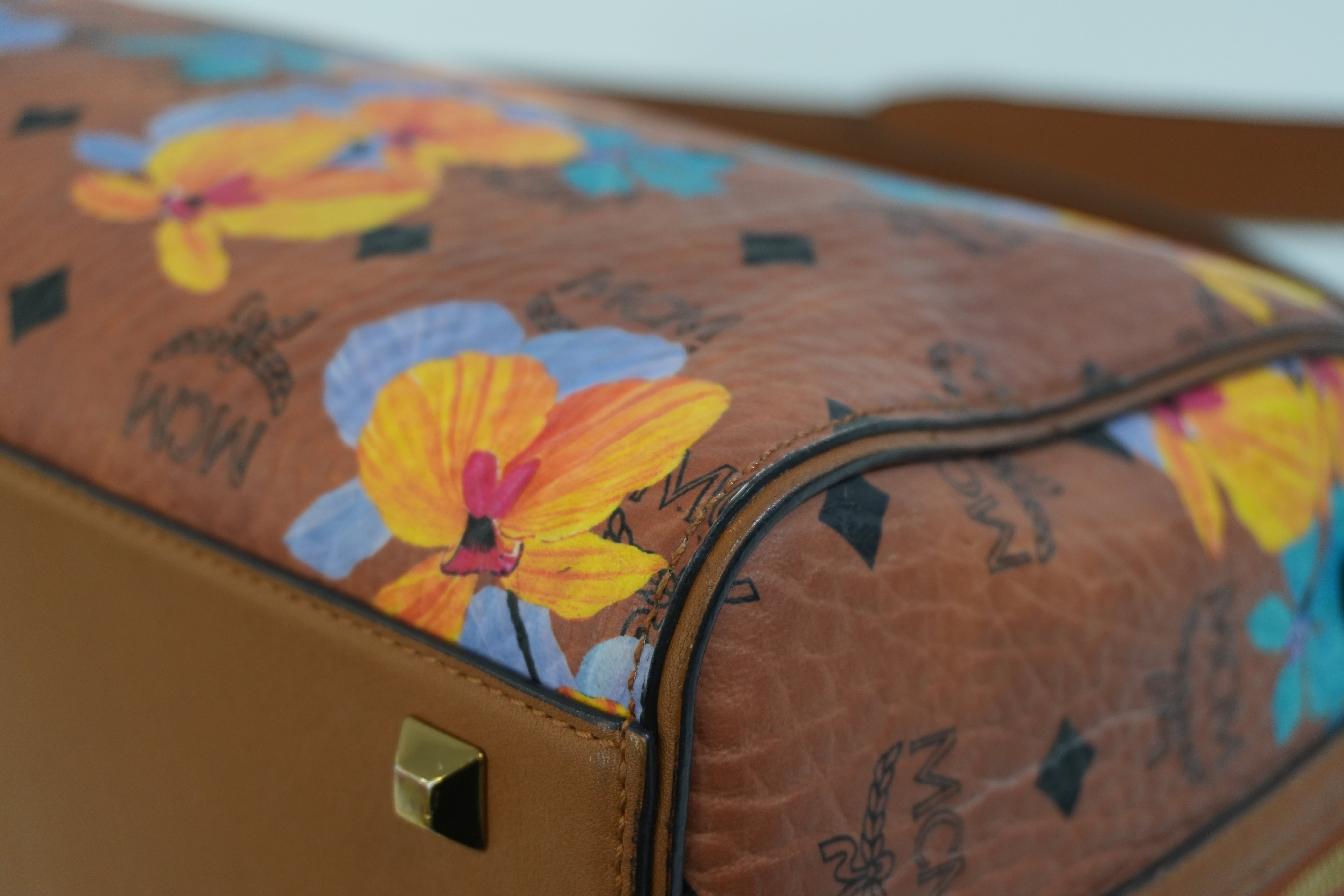 Pre-owned MCM Orchid Floral Two Way Visetos Mini Boston Cognac