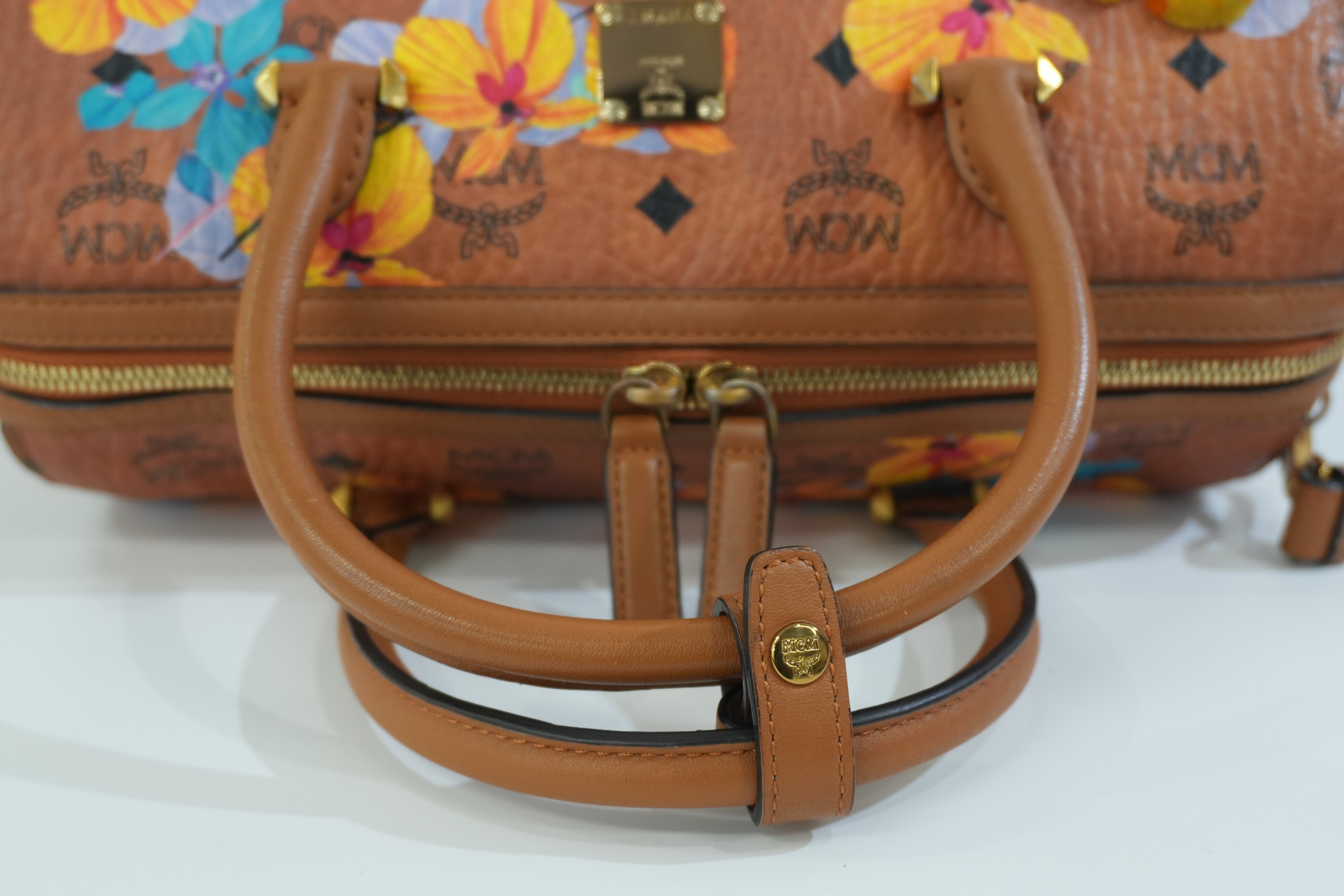 Pre-owned MCM Orchid Floral Two Way Visetos Mini Boston Cognac