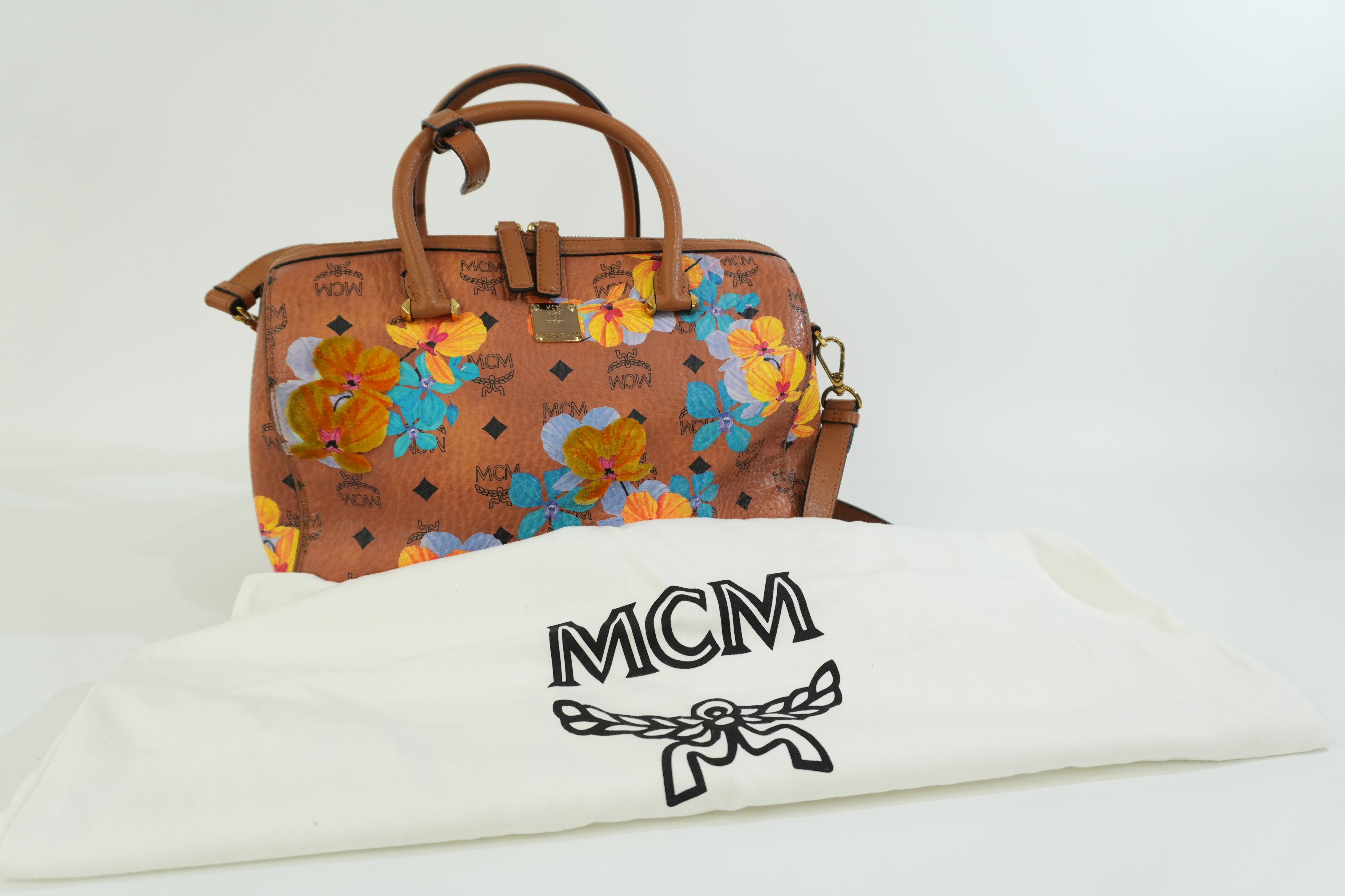 Pre-owned MCM Orchid Floral Two Way Visetos Mini Boston Cognac