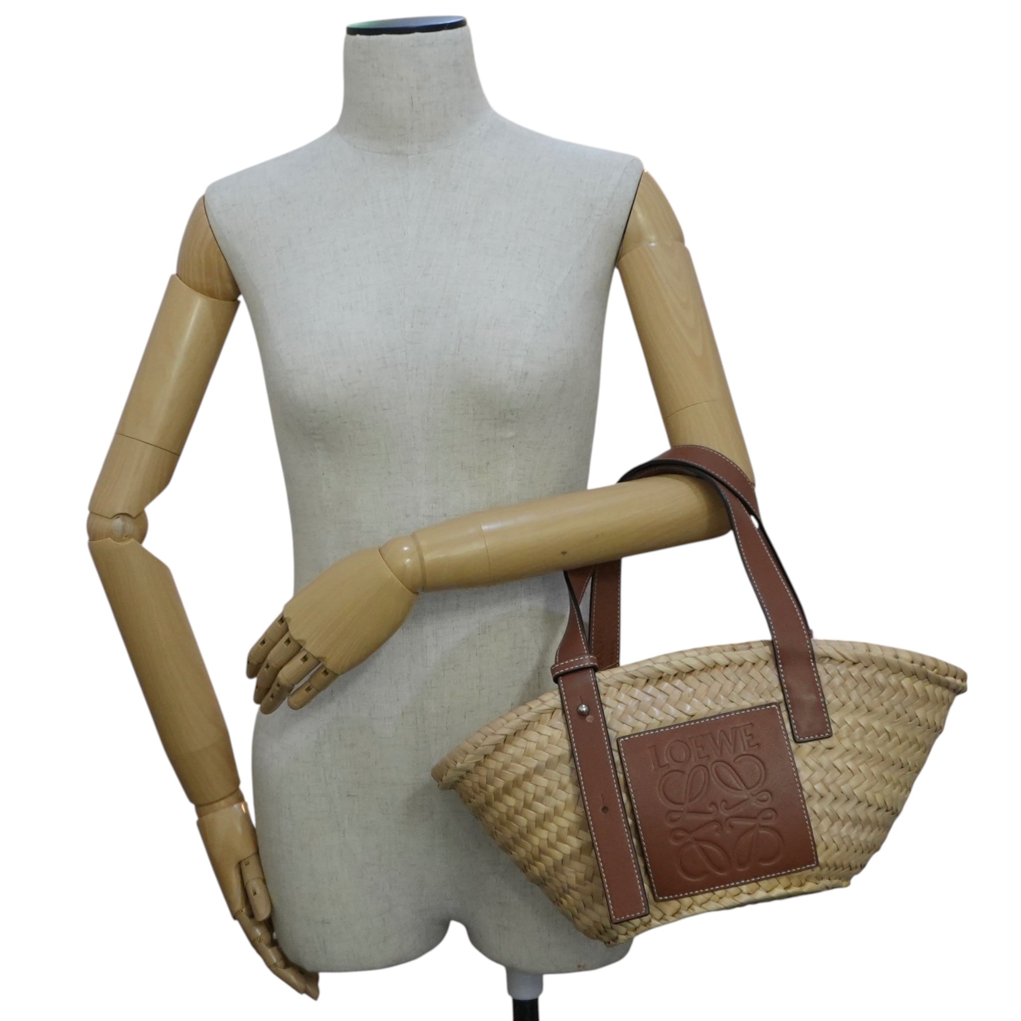 Pre-owned Loewe Raffia Small Anagram Basket Handbag Brown