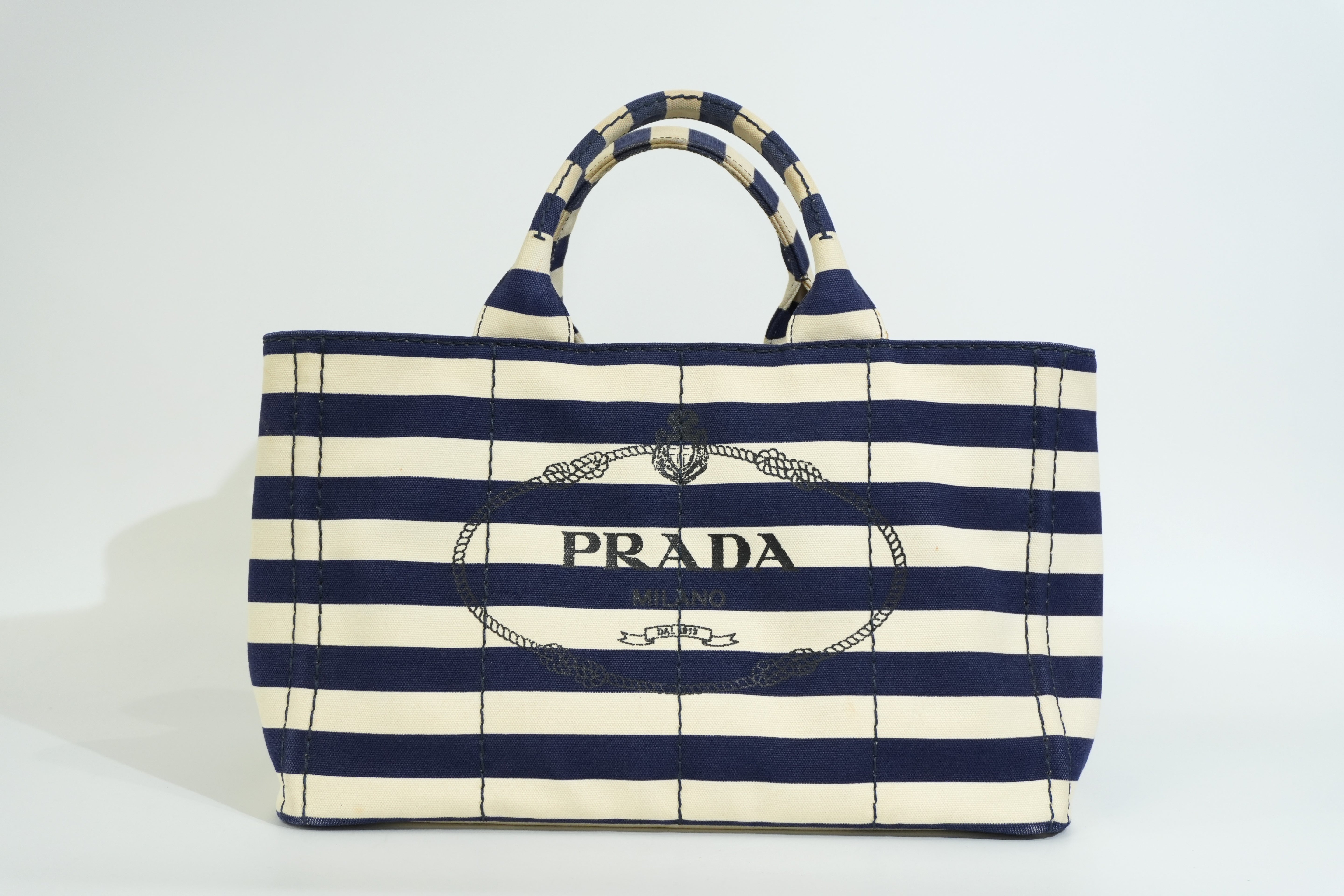 Pre-owned Prada Canapa Two Way Shoulder Bag Stripe Blue and White
