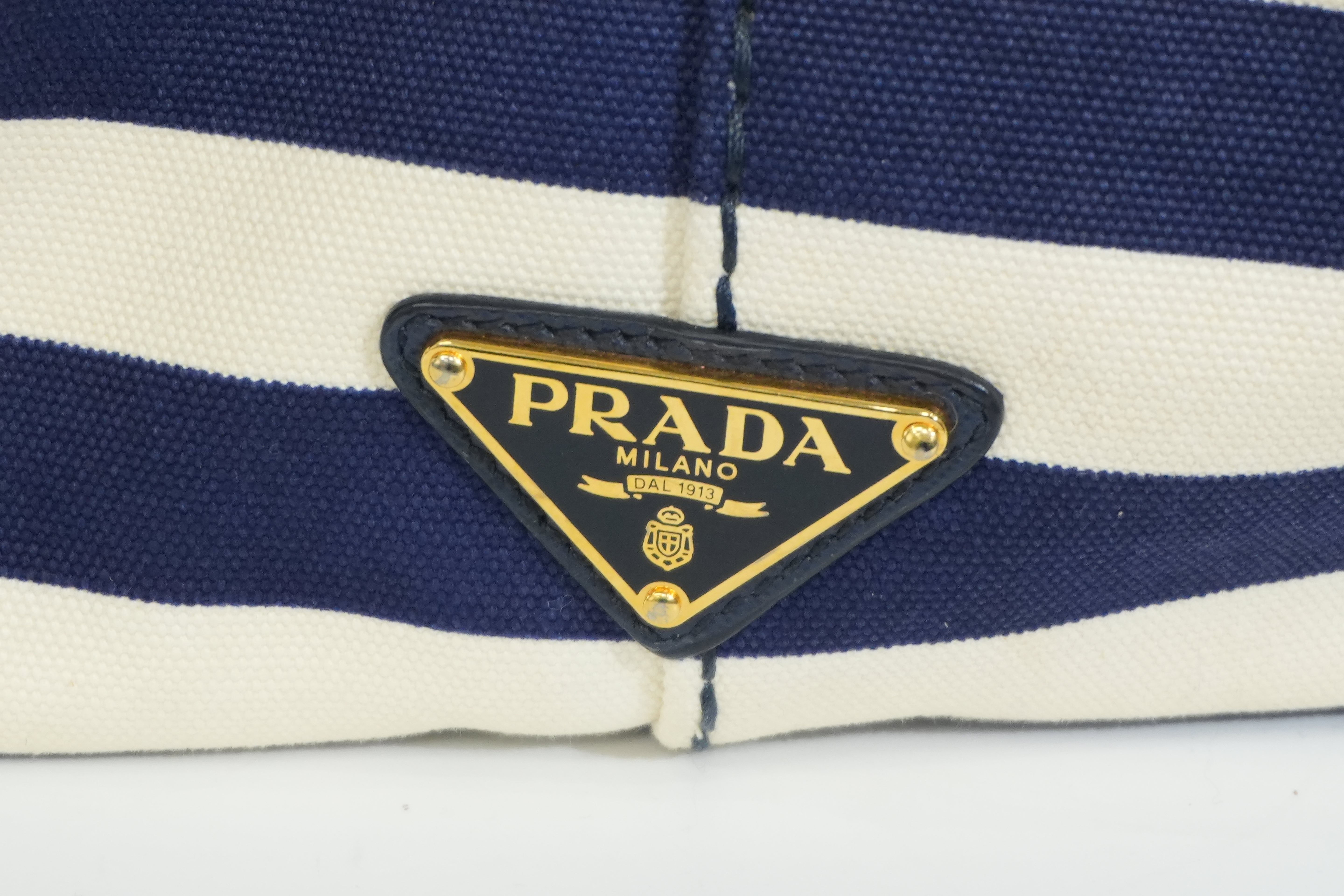 Pre-owned Prada Canapa Two Way Shoulder Bag Stripe Blue and White