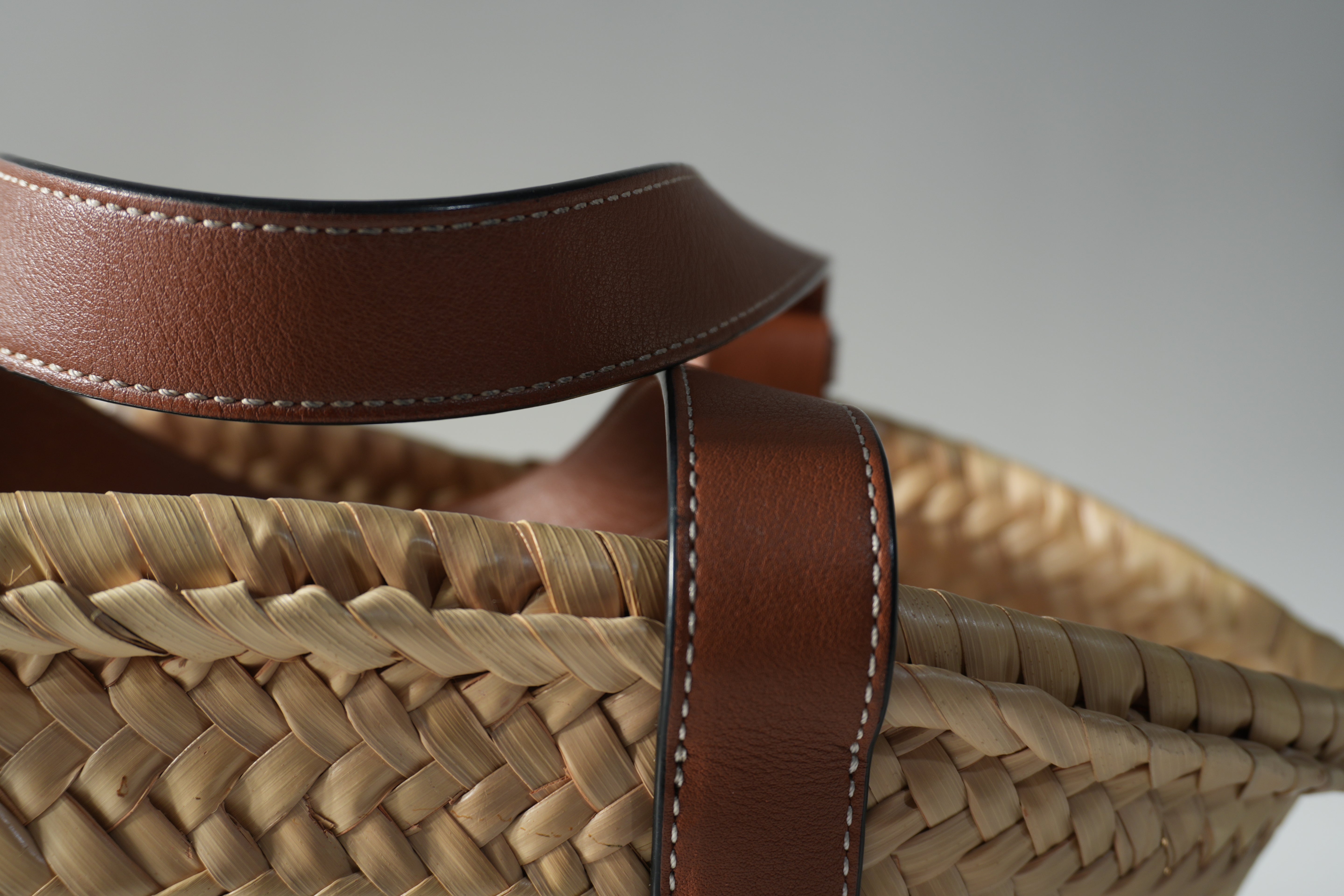 Pre-owned Loewe Raffia Small Anagram Basket Handbag Brown