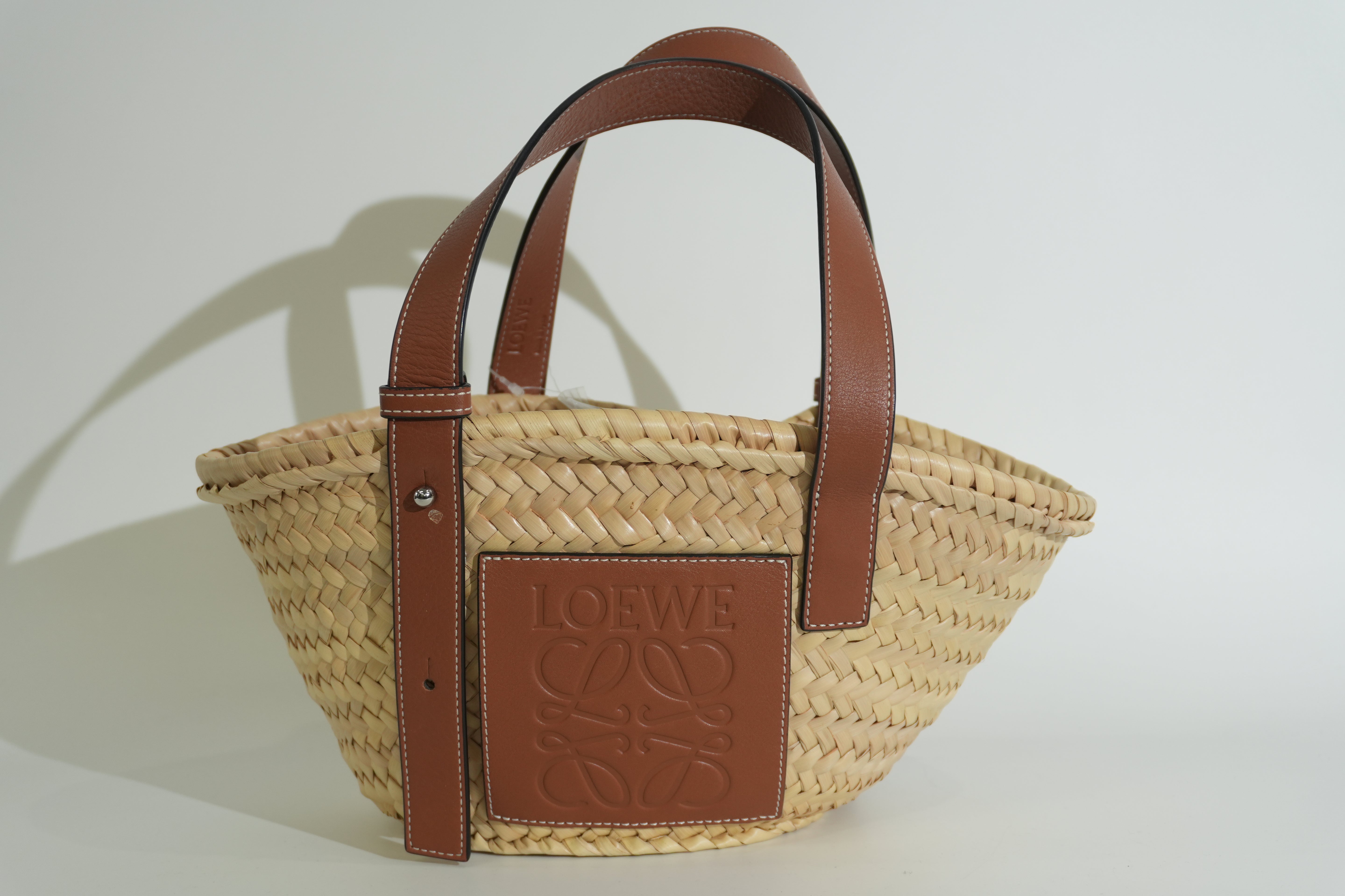Pre-owned Loewe Raffia Small Anagram Basket Handbag Brown