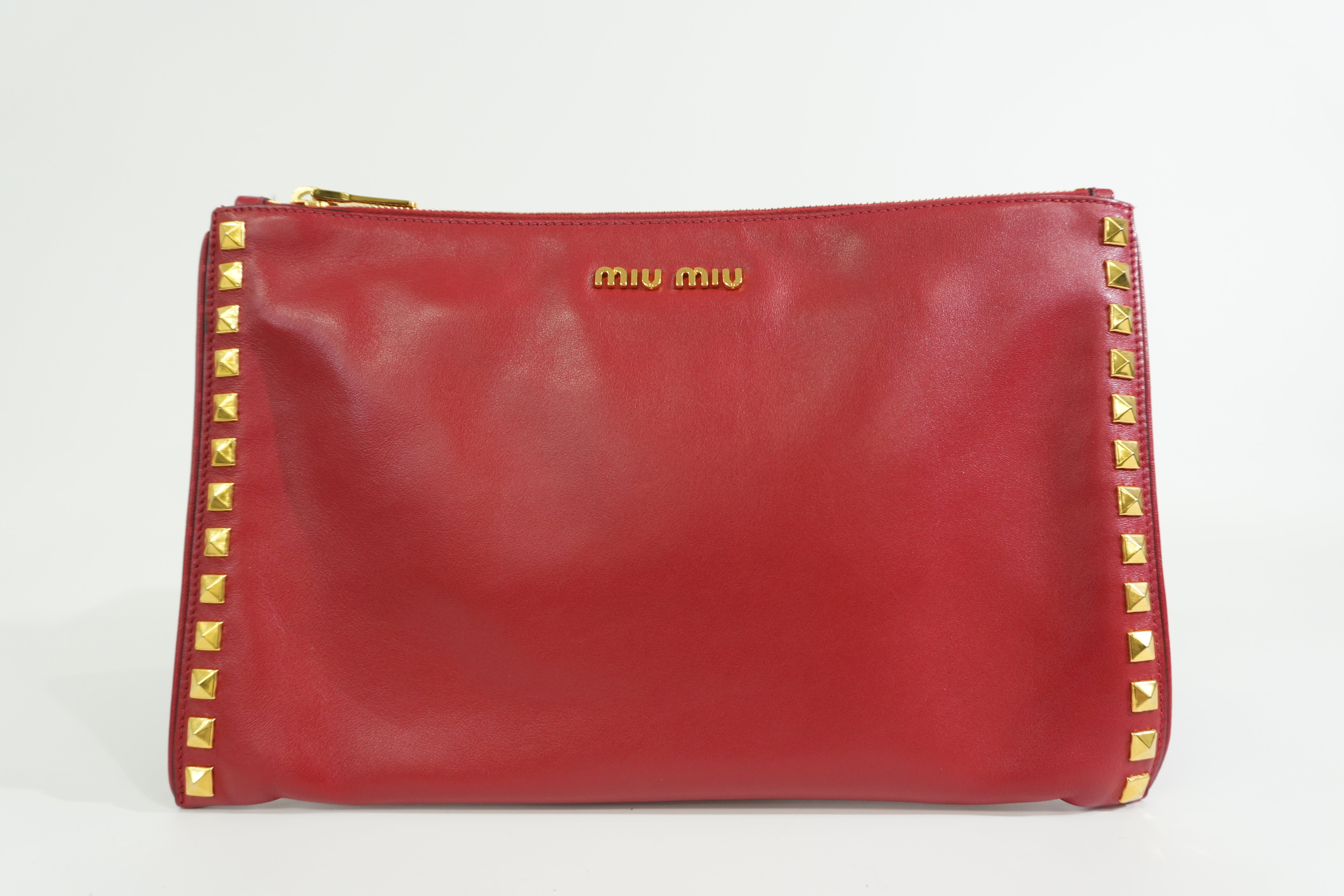 Pre-owned Miumiu Calfskin Leather Studded Clutch Bag Red