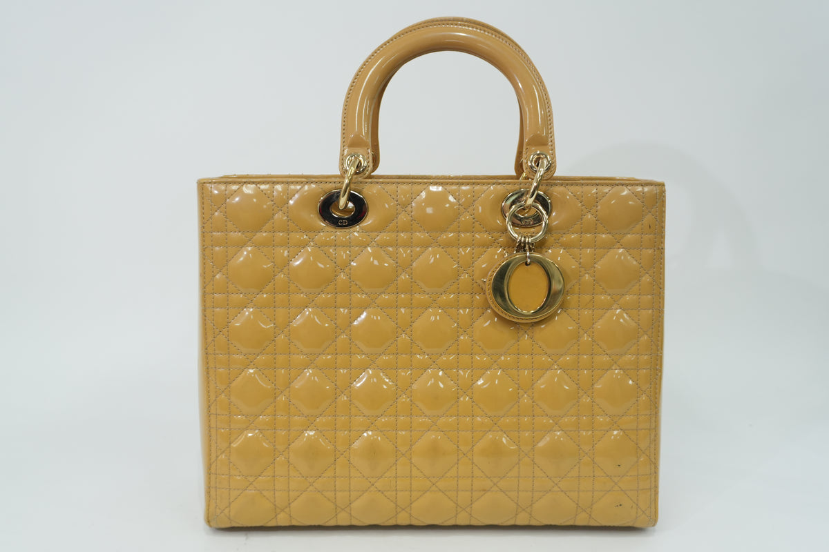 Pre-Owned Christian Dior Patent Leather Large Lady Dior Handbag Beige