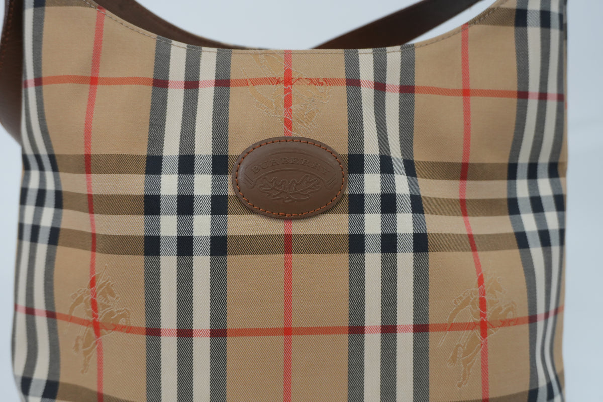 Pre-Owned Burberry HayMarket Check Hobo Shoulder Bag Brown
