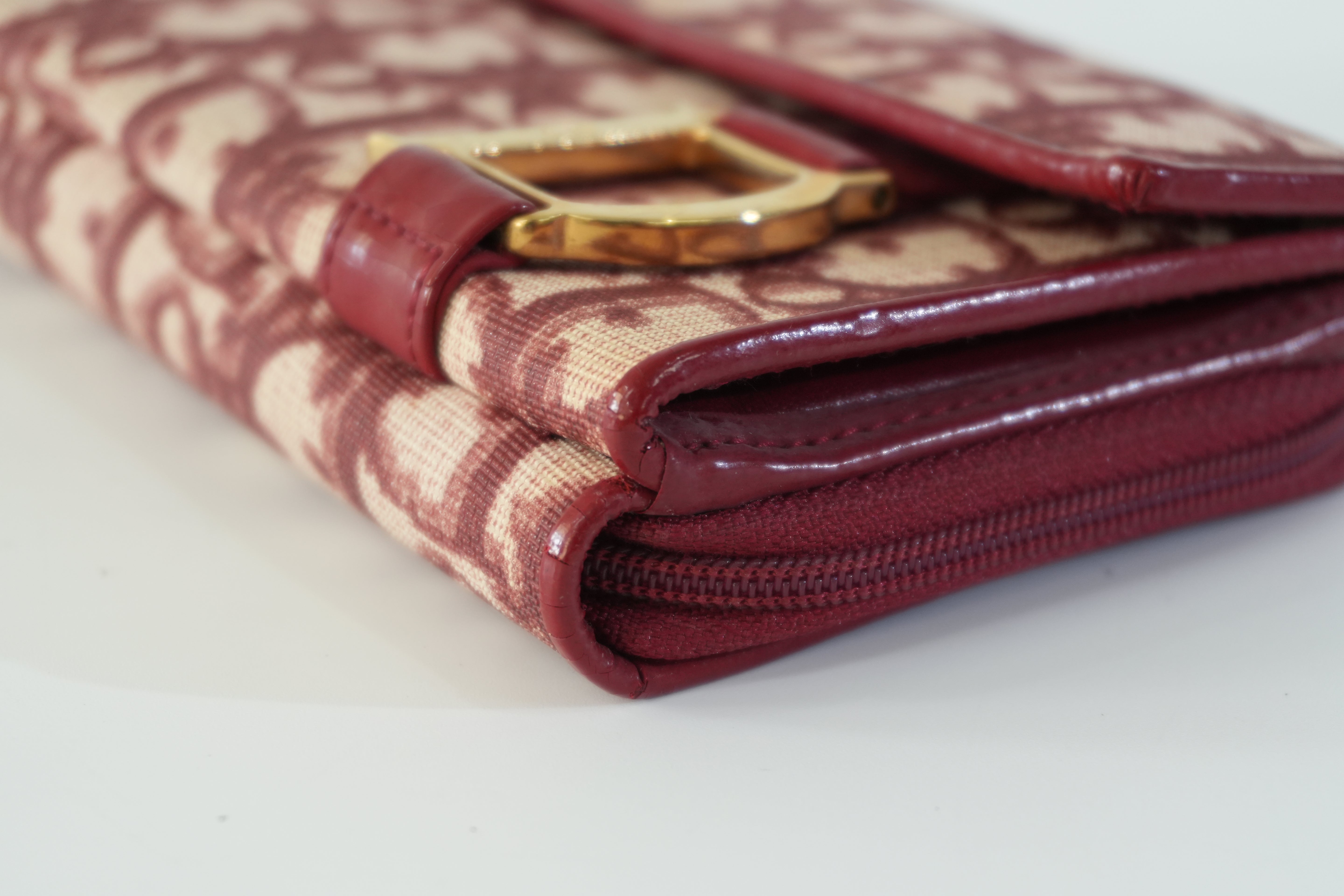 Pre-owned Christian Dior Canvas Oblique Short Wallet Burgundy