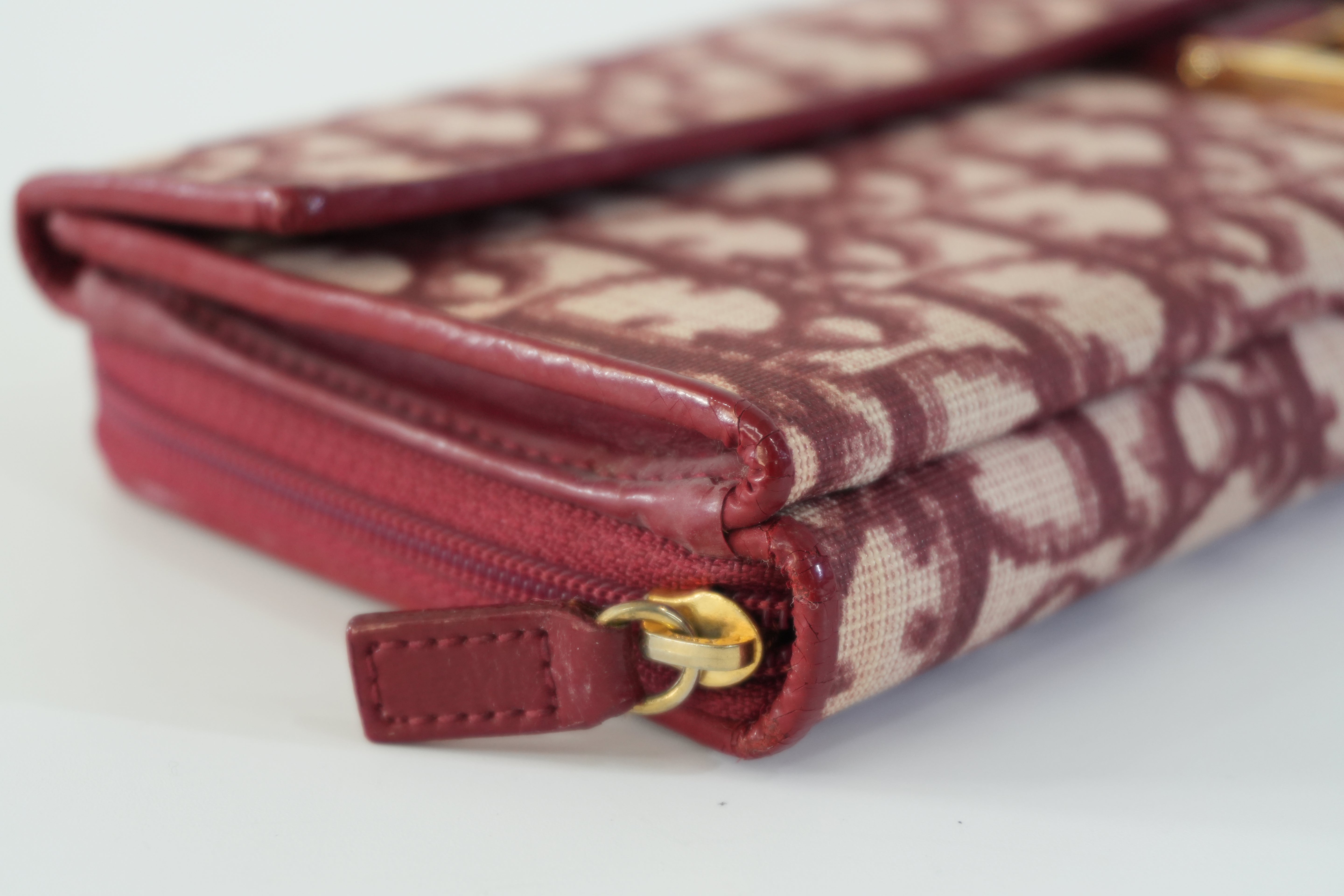 Pre-owned Christian Dior Canvas Oblique Short Wallet Burgundy