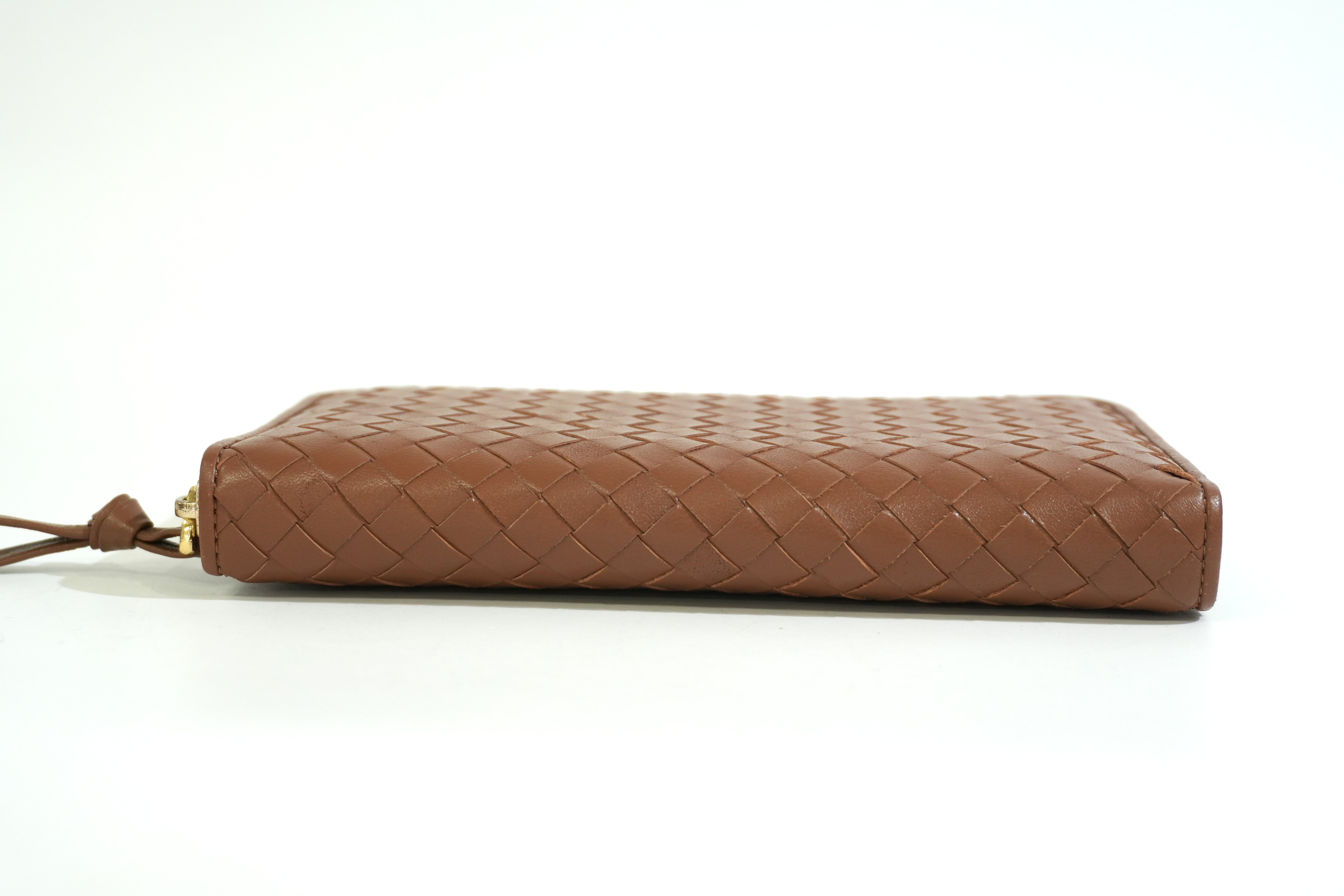 Pre-owned Bottega Intercciato Zippy Long Wallet Brown