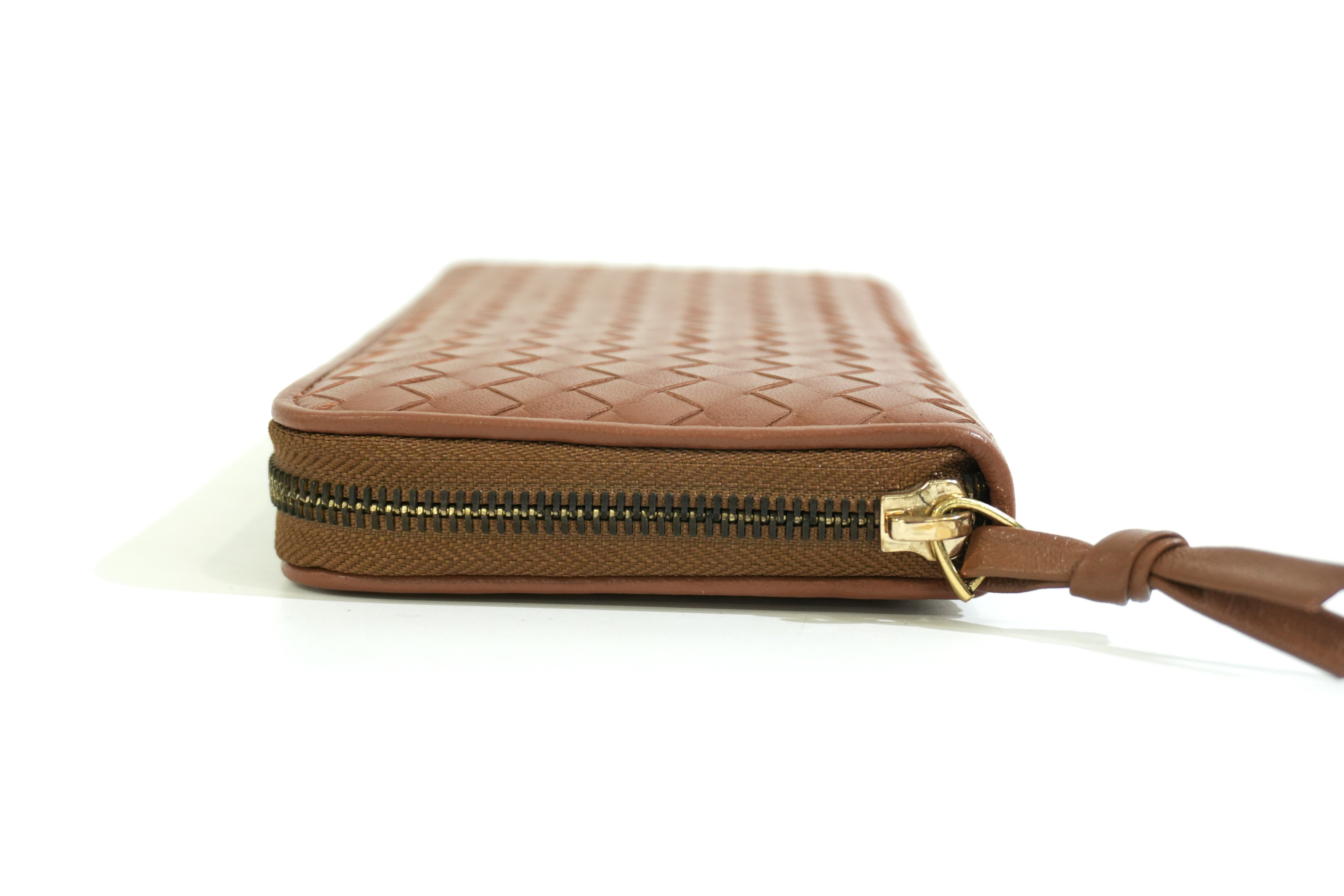 Pre-owned Bottega Intercciato Zippy Long Wallet Brown